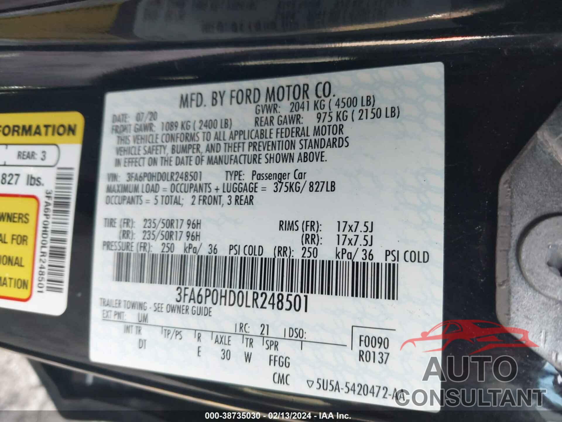 FORD FUSION 2020 - 3FA6P0HD0LR248501