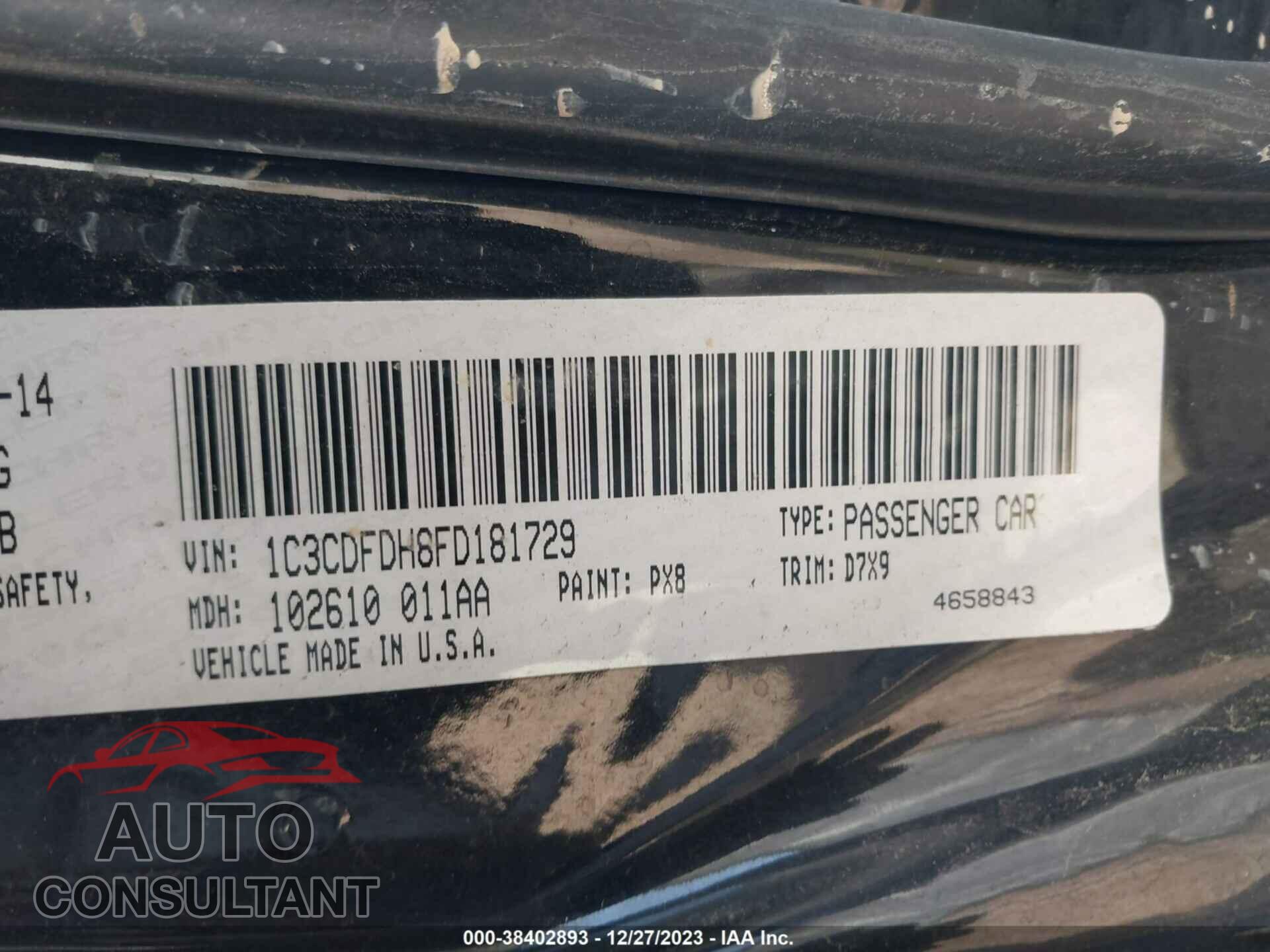 DODGE DART 2015 - 1C3CDFDH8FD181729