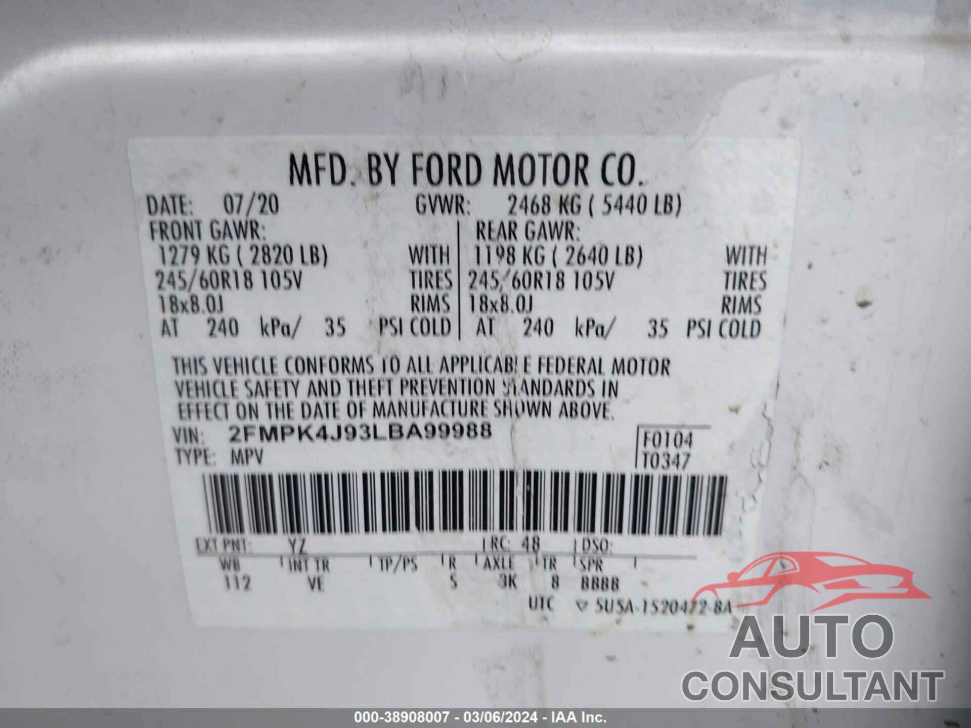 FORD EDGE 2020 - 2FMPK4J93LBA99988