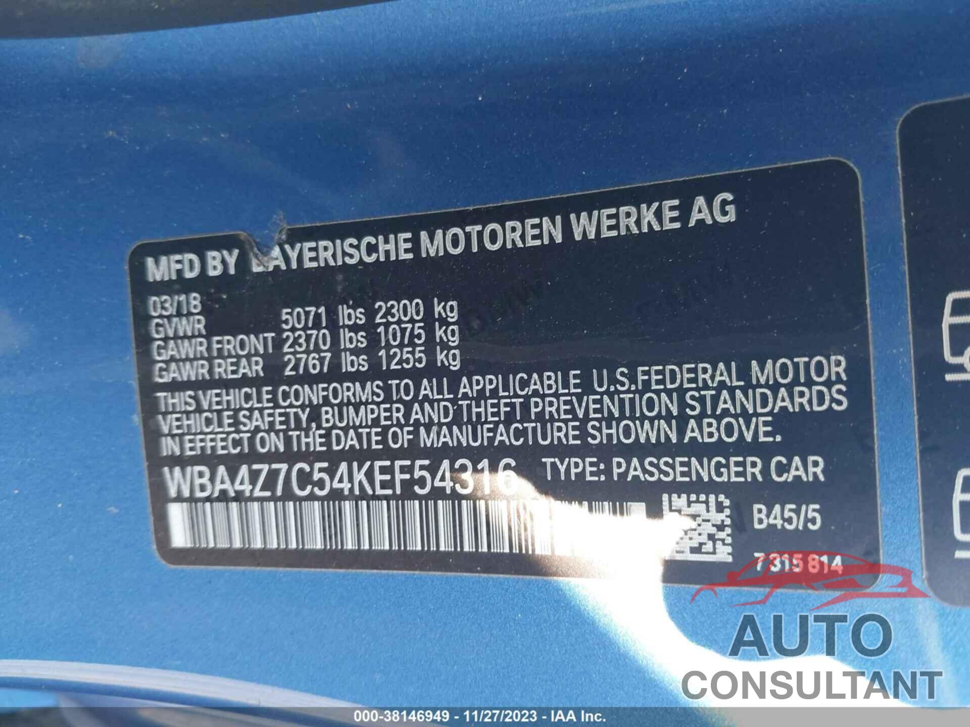 BMW 440I 2019 - WBA4Z7C54KEF54316