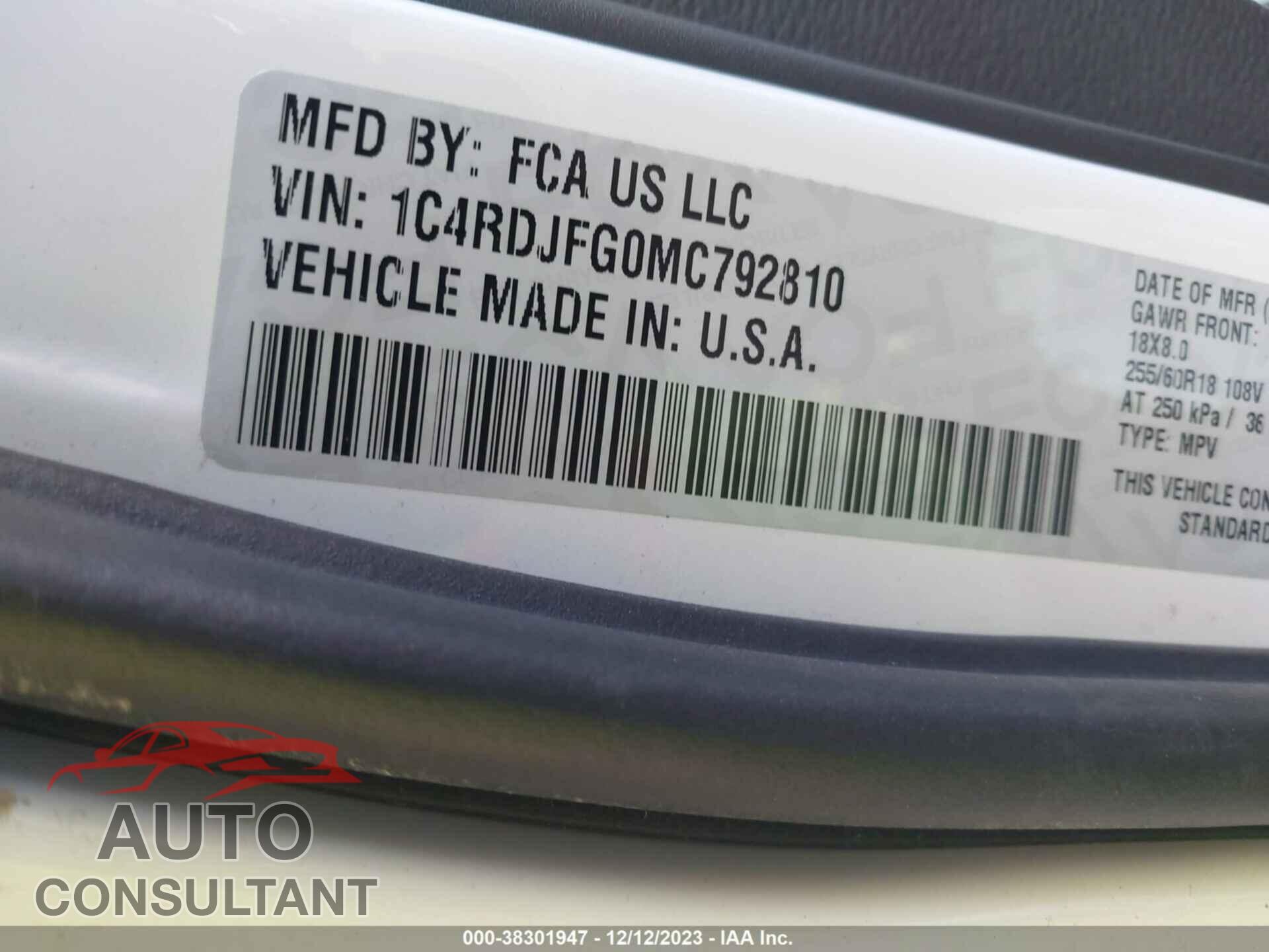 DODGE DURANGO 2021 - 1C4RDJFG0MC792810