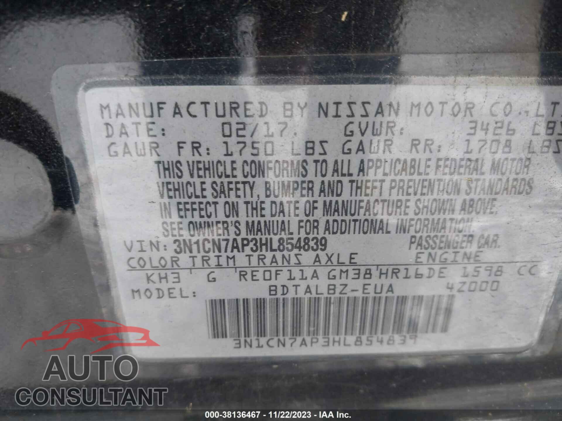 NISSAN VERSA 2017 - 3N1CN7AP3HL854839