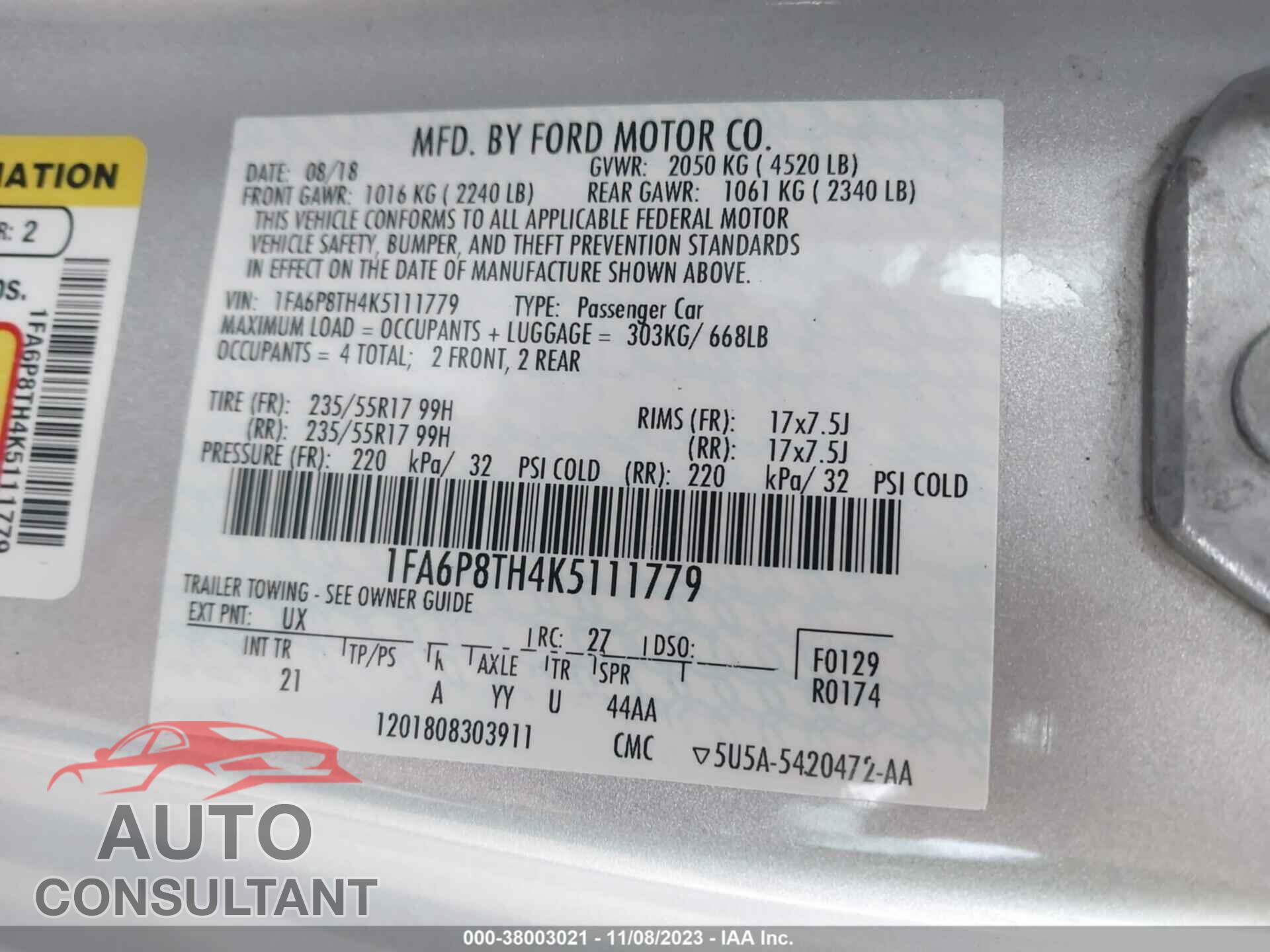FORD MUSTANG 2019 - 1FA6P8TH4K5111779