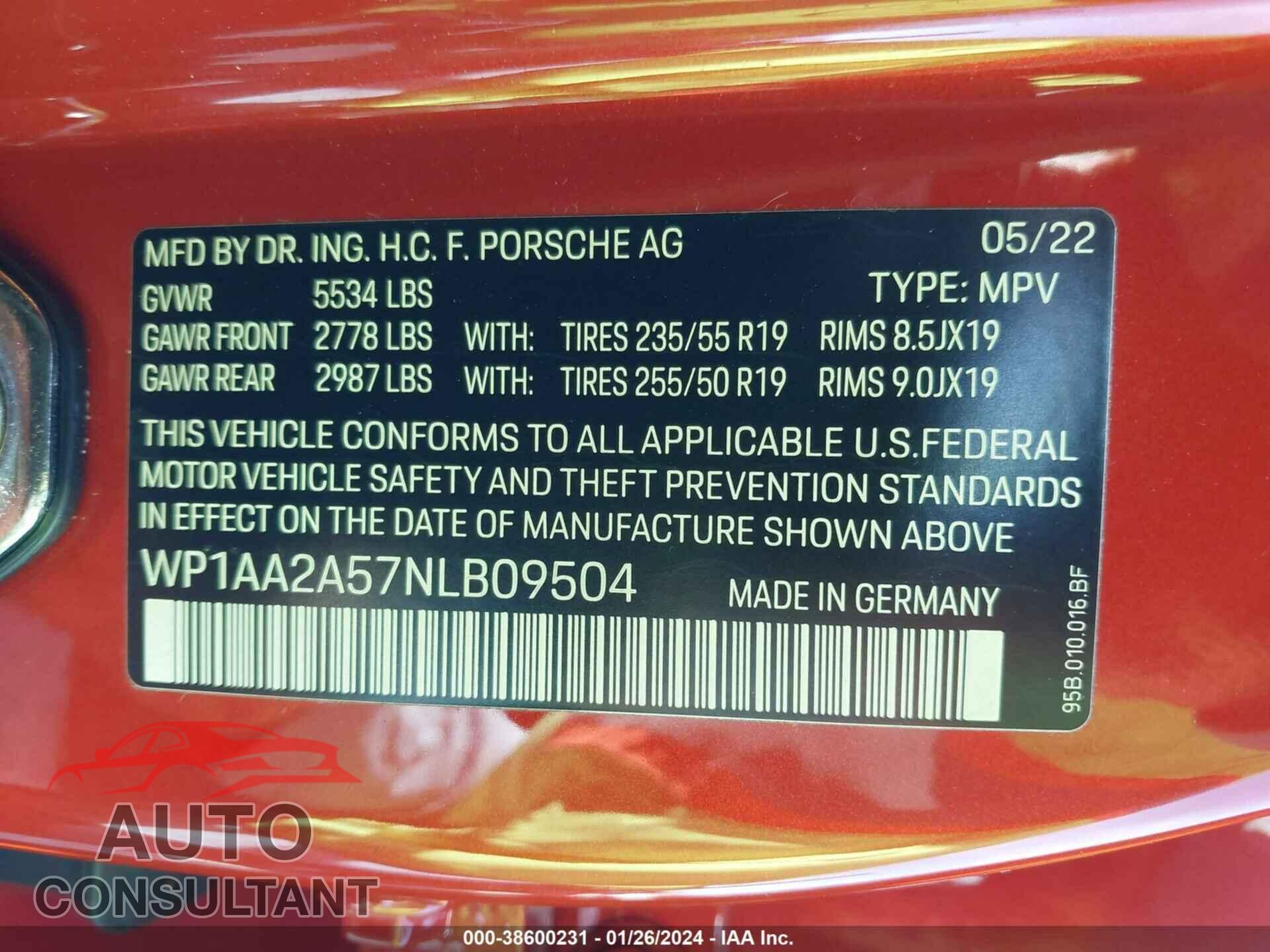 PORSCHE MACAN 2022 - WP1AA2A57NLB09504