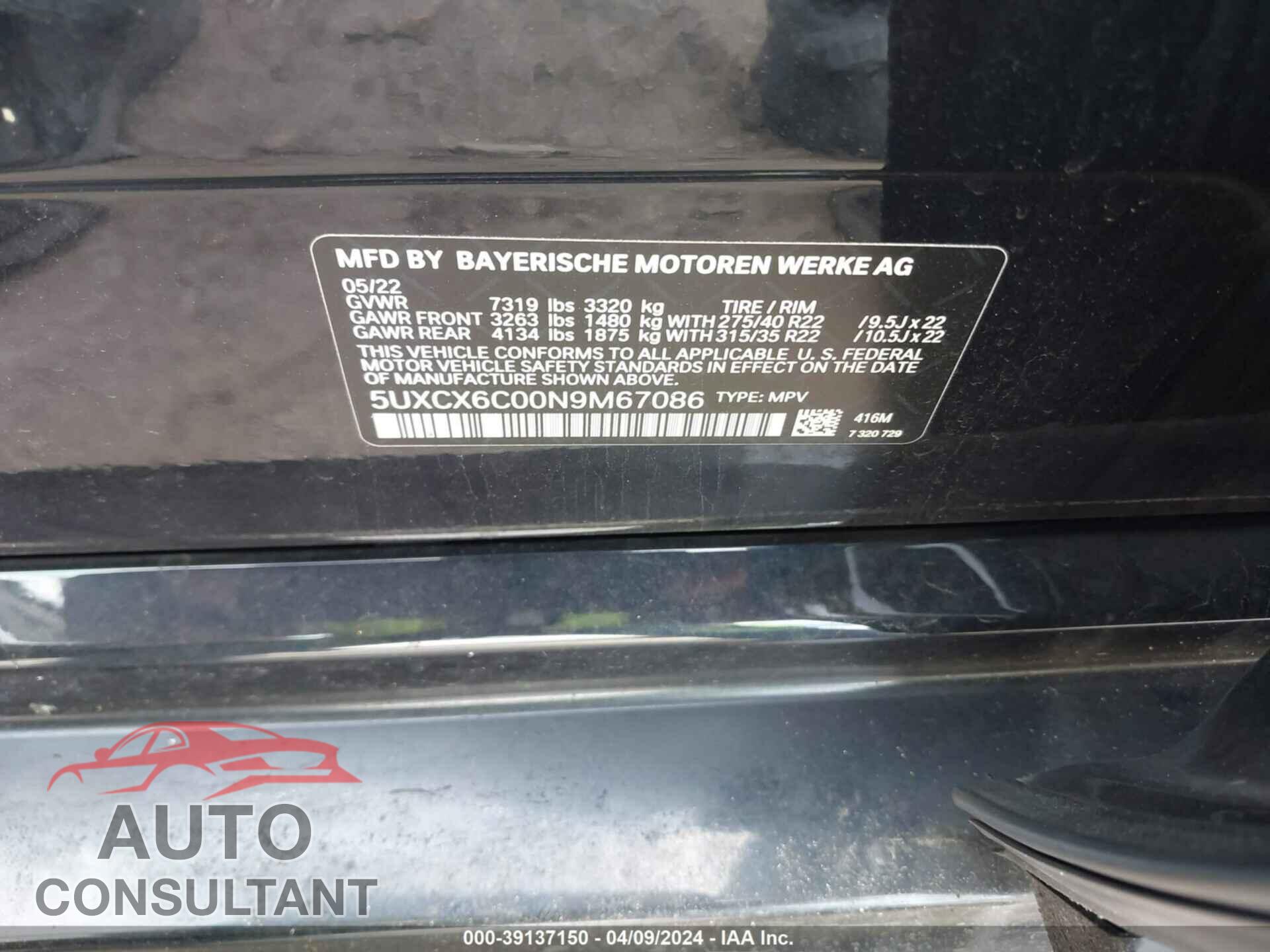BMW X7 2022 - 5UXCX6C00N9M67086
