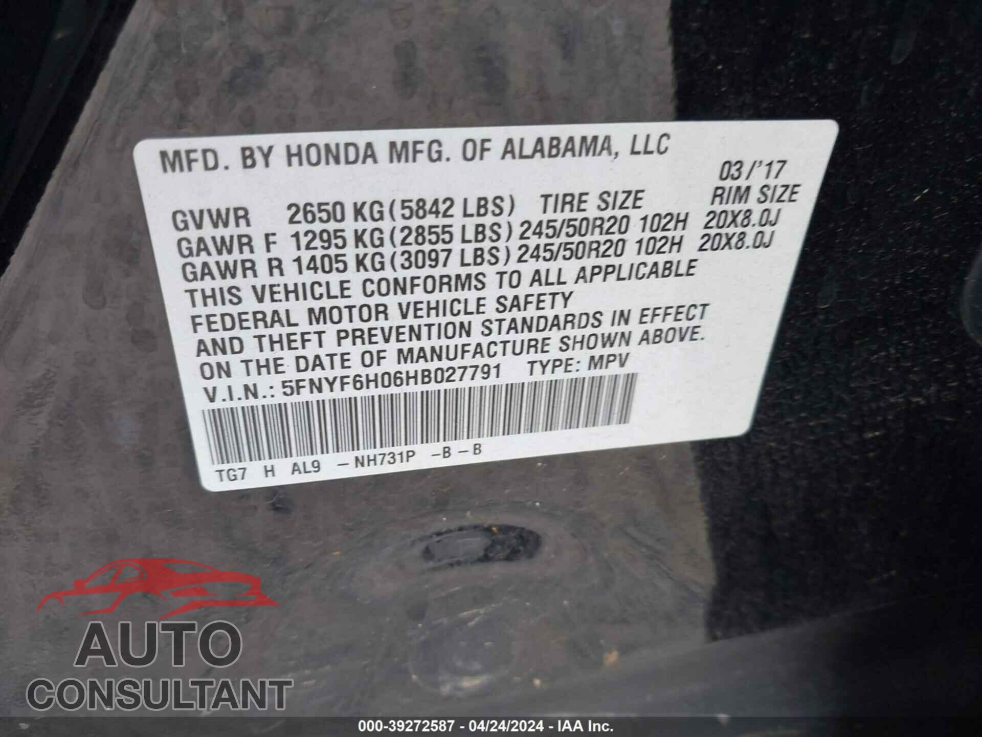 HONDA PILOT 2017 - 5FNYF6H06HB027791