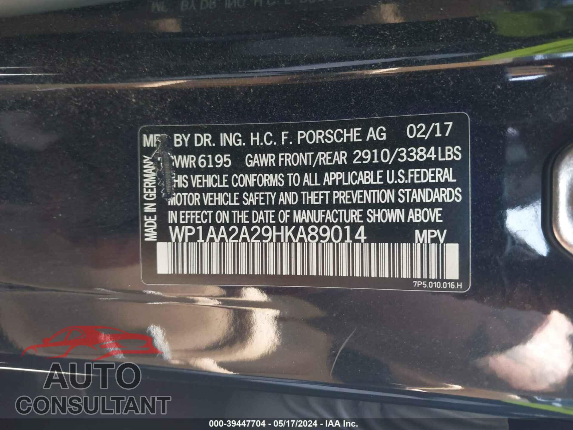 PORSCHE CAYENNE 2017 - WP1AA2A29HKA89014