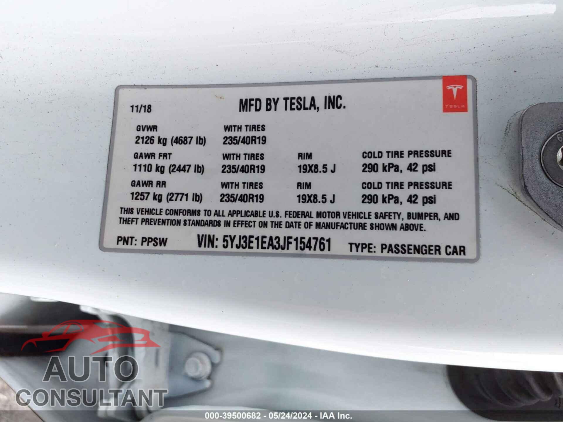 TESLA MODEL 3 2018 - 5YJ3E1EA3JF154761