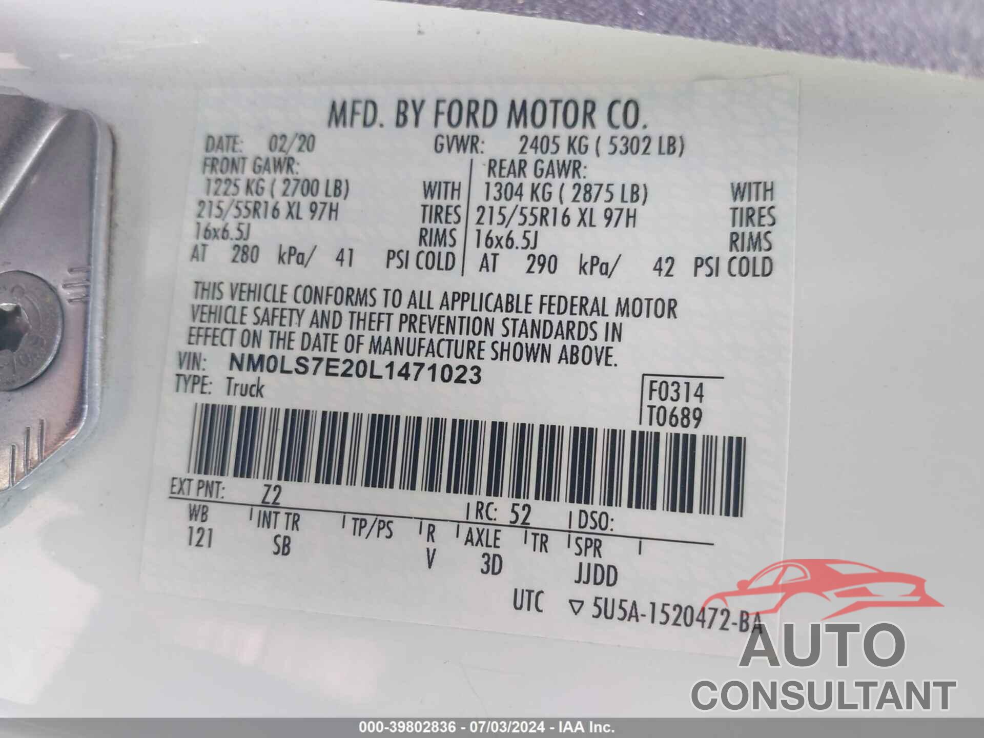 FORD TRANSIT CONNECT 2020 - NM0LS7E20L1471023