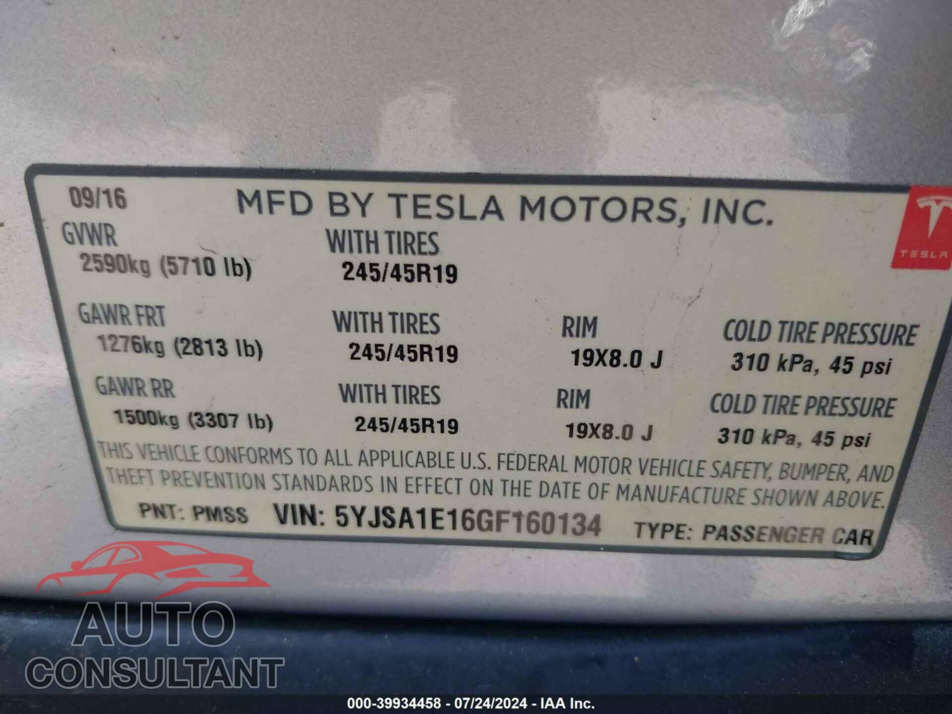 TESLA MODEL S 2016 - 5YJSA1E16GF160134