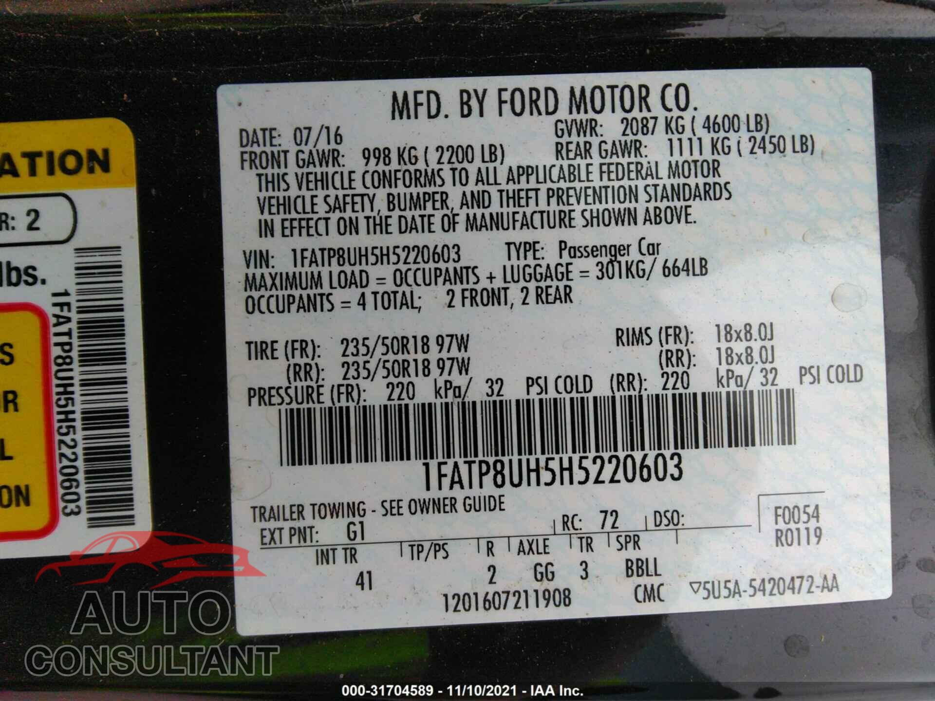 FORD MUSTANG 2017 - 1FATP8UH5H5220603