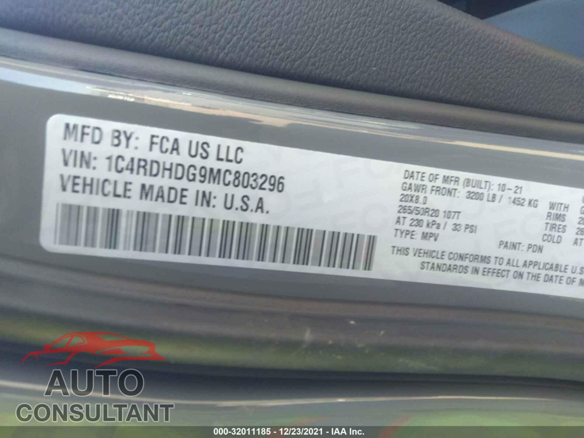 DODGE DURANGO 2021 - 1C4RDHDG9MC803296