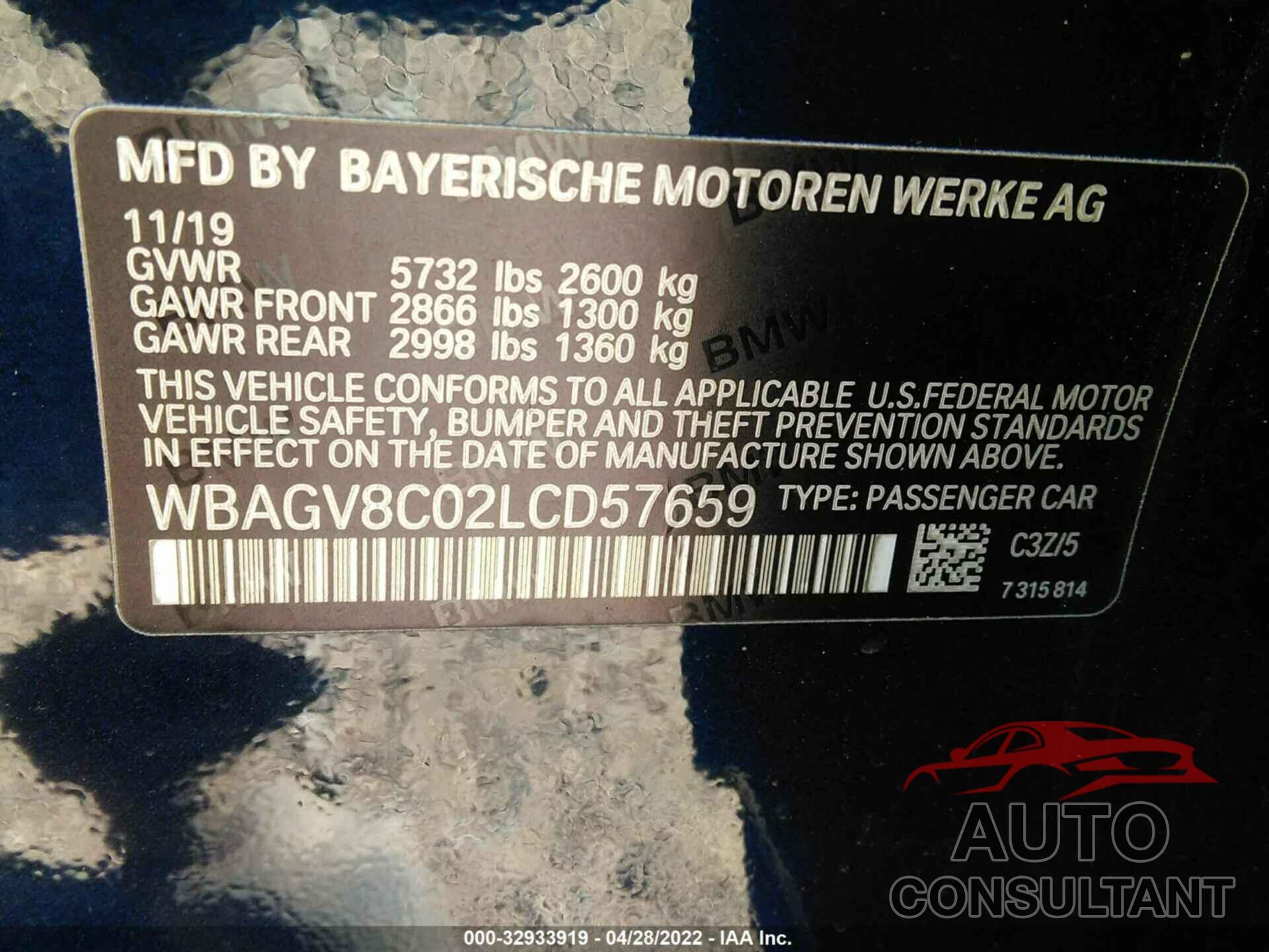 BMW 8 SERIES 2020 - WBAGV8C02LCD57659