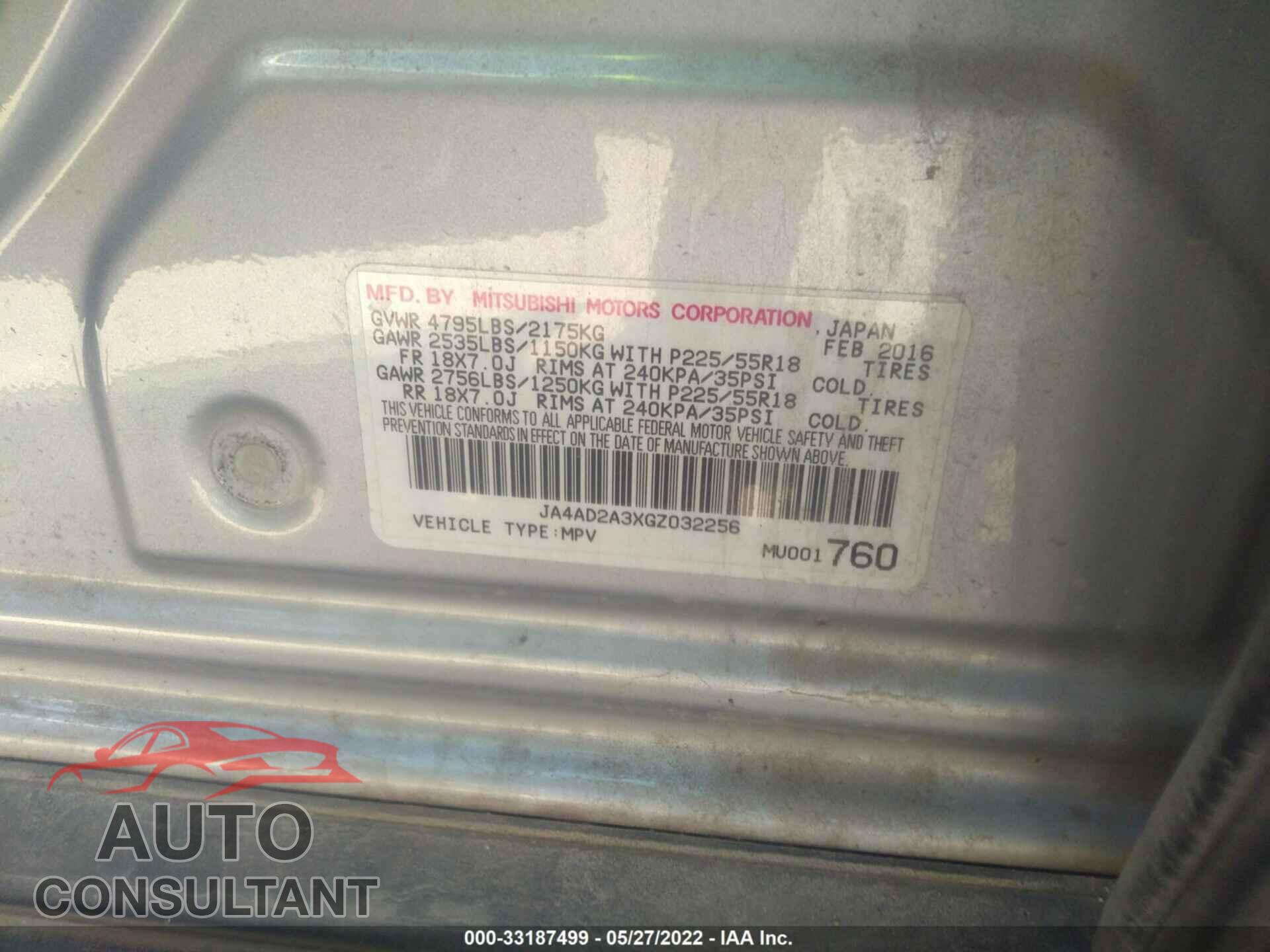 MITSUBISHI OUTLANDER 2016 - JA4AD2A3XGZ032256