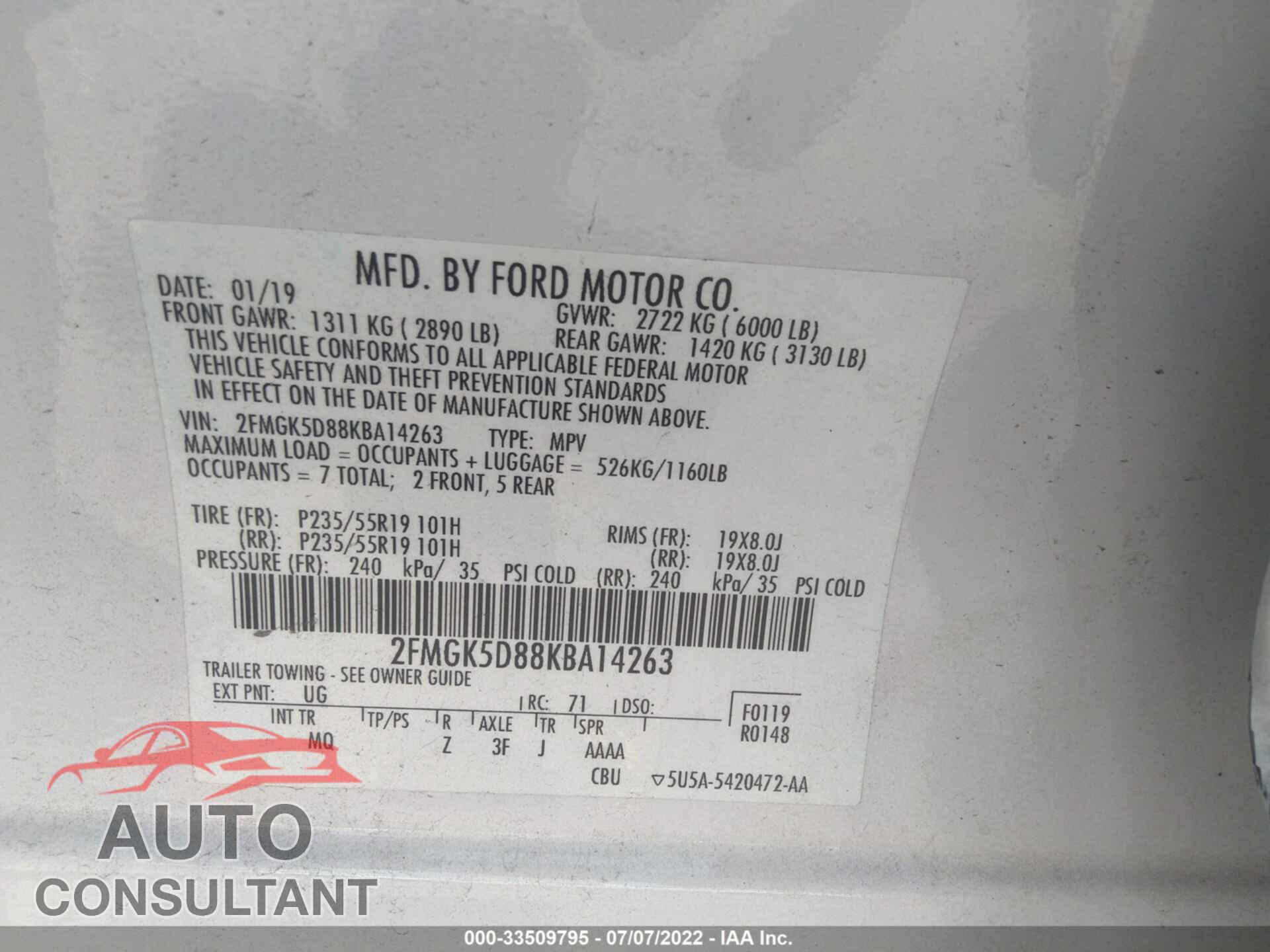 FORD FLEX 2019 - 2FMGK5D88KBA14263