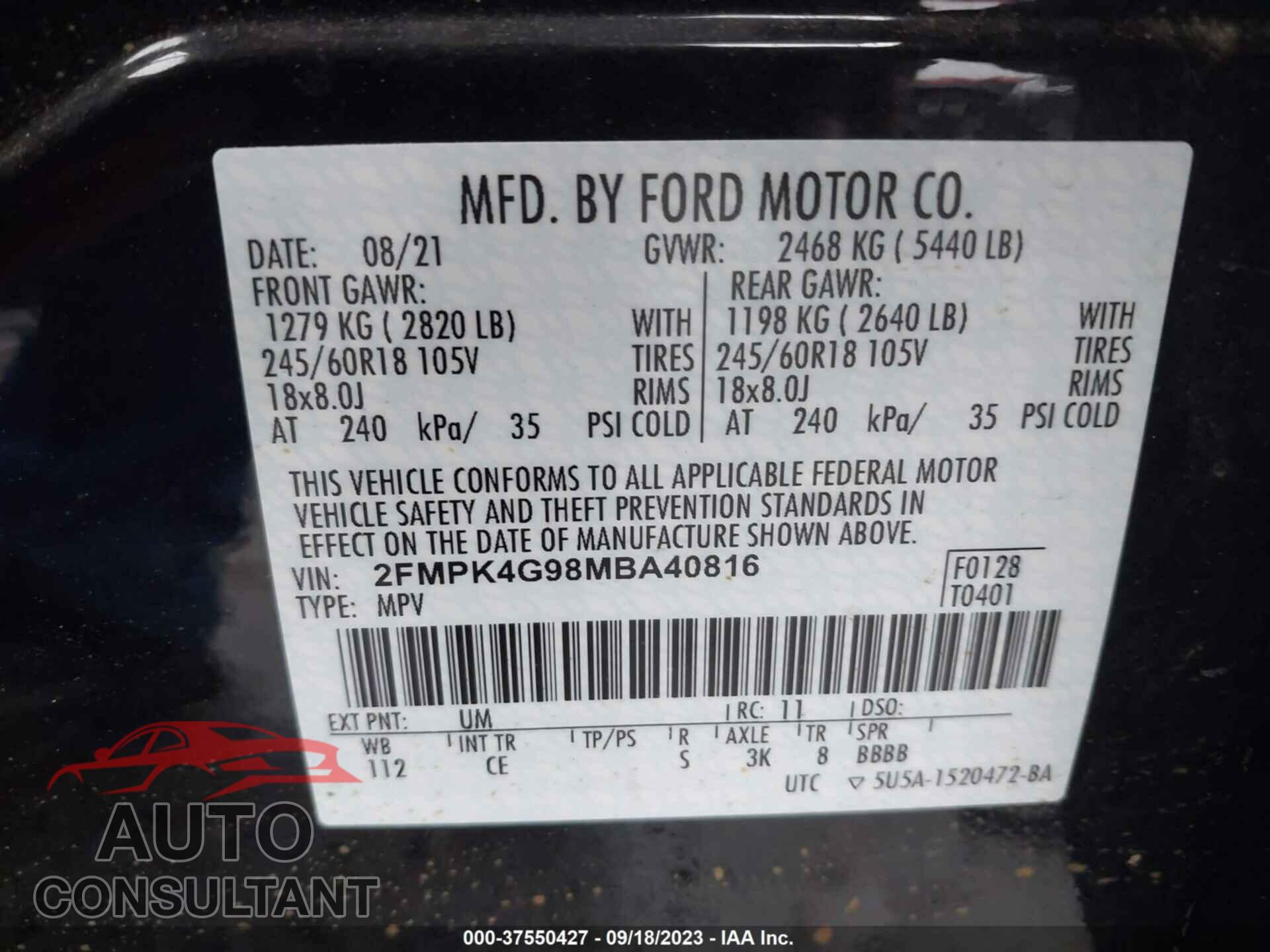 FORD EDGE 2021 - 2FMPK4G98MBA40816
