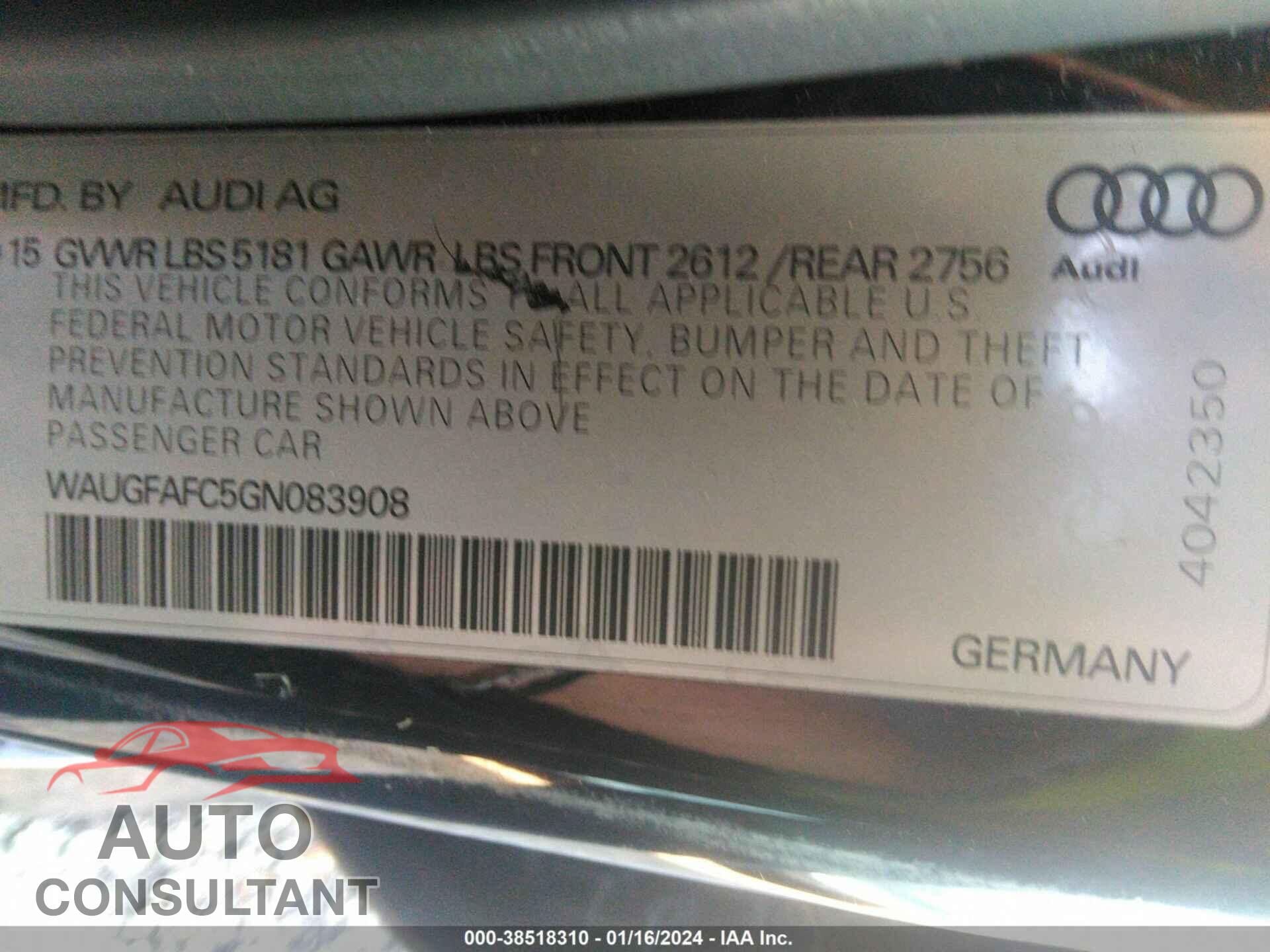 AUDI A6 2016 - WAUGFAFC5GN083908