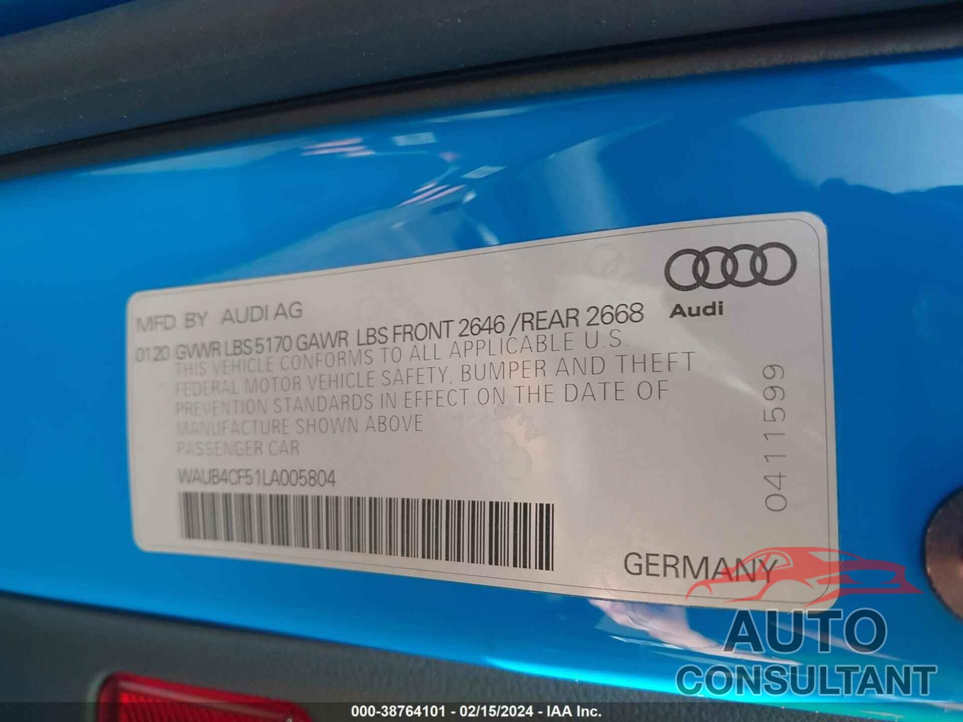 AUDI S5 SPORTBACK 2020 - WAUB4CF51LA005804