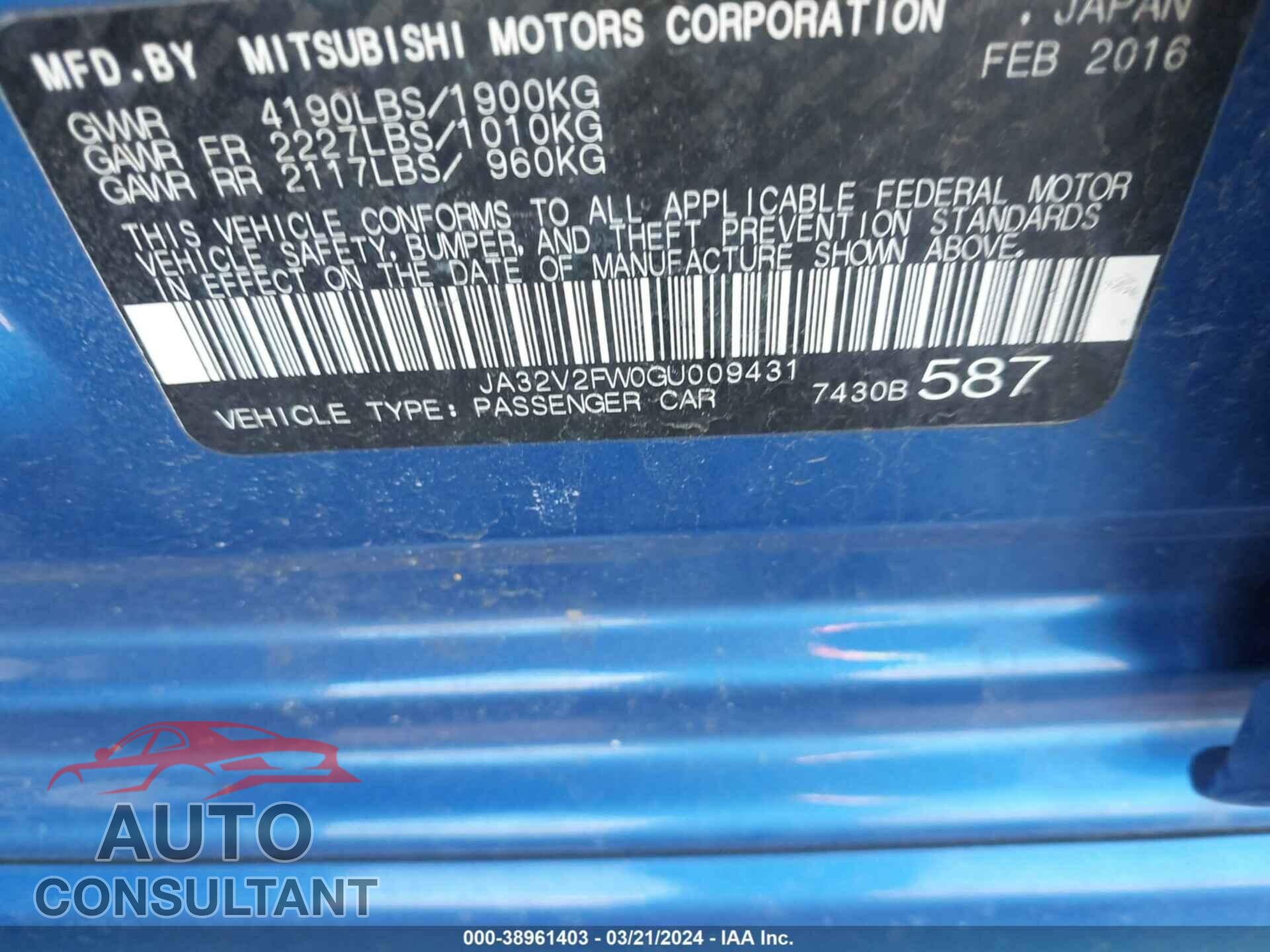 MITSUBISHI LANCER 2016 - JA32V2FW0GU009431