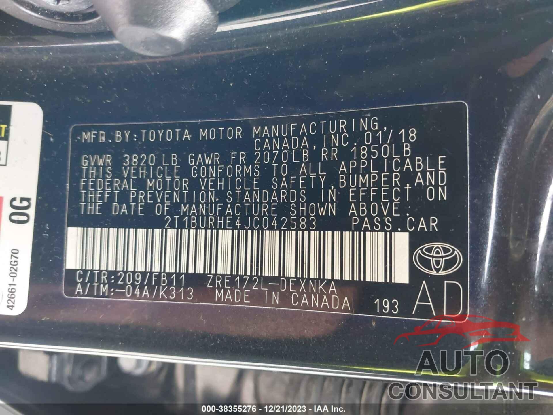 TOYOTA COROLLA 2018 - 2T1BURHE4JC042583