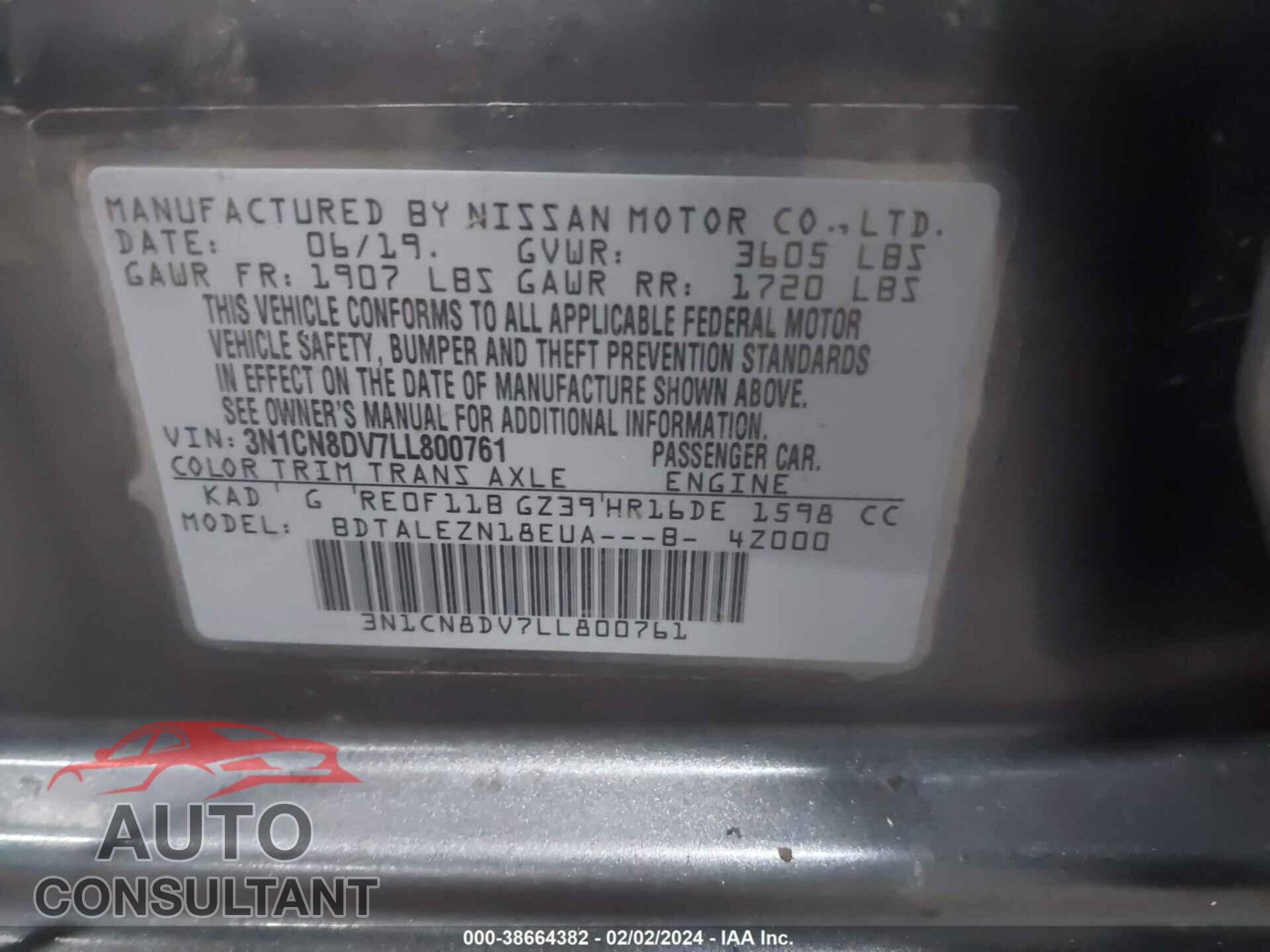 NISSAN VERSA 2020 - 3N1CN8DV7LL800761