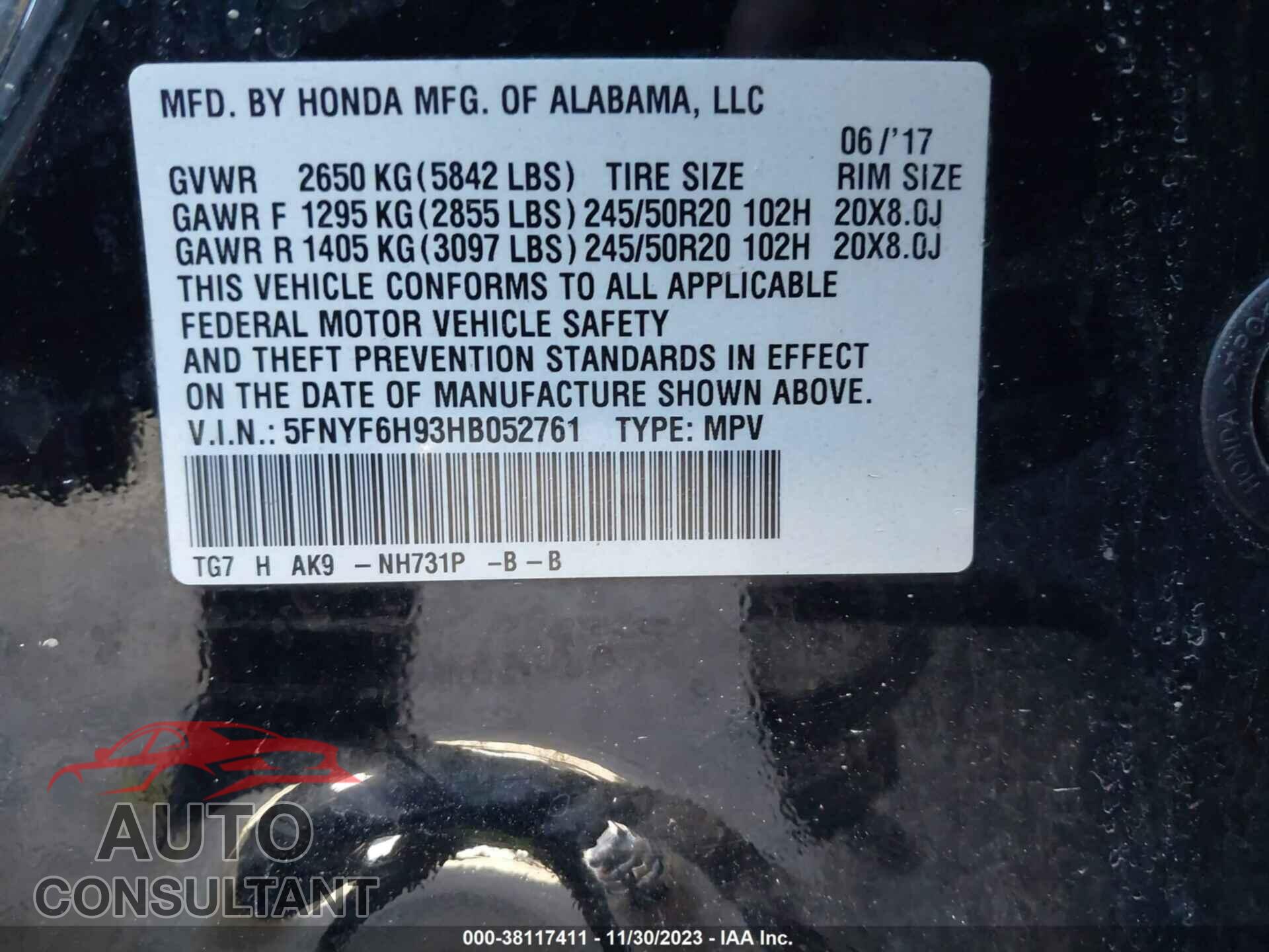 HONDA PILOT 2017 - 5FNYF6H93HB052761