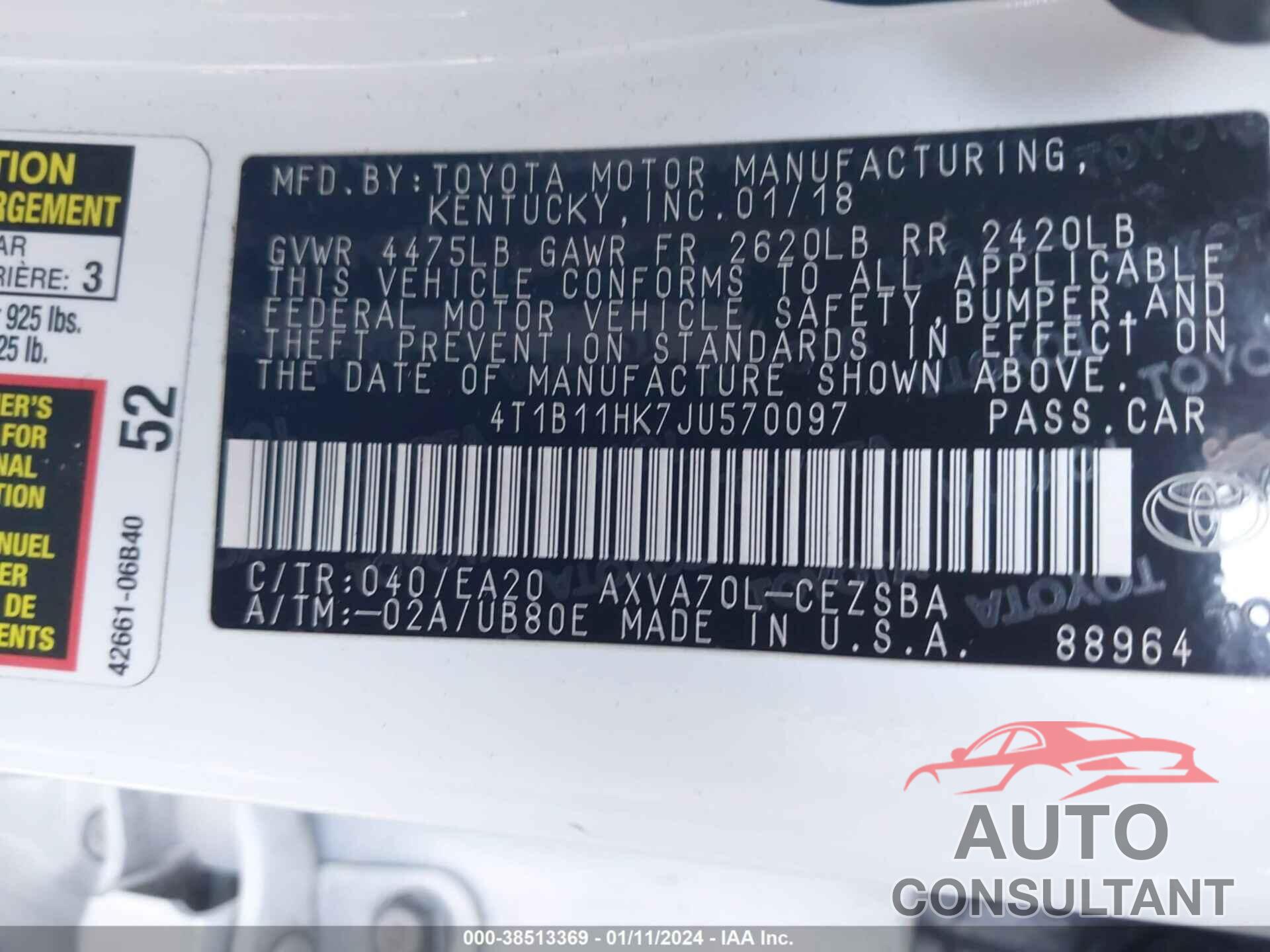 TOYOTA CAMRY 2018 - 4T1B11HK7JU570097