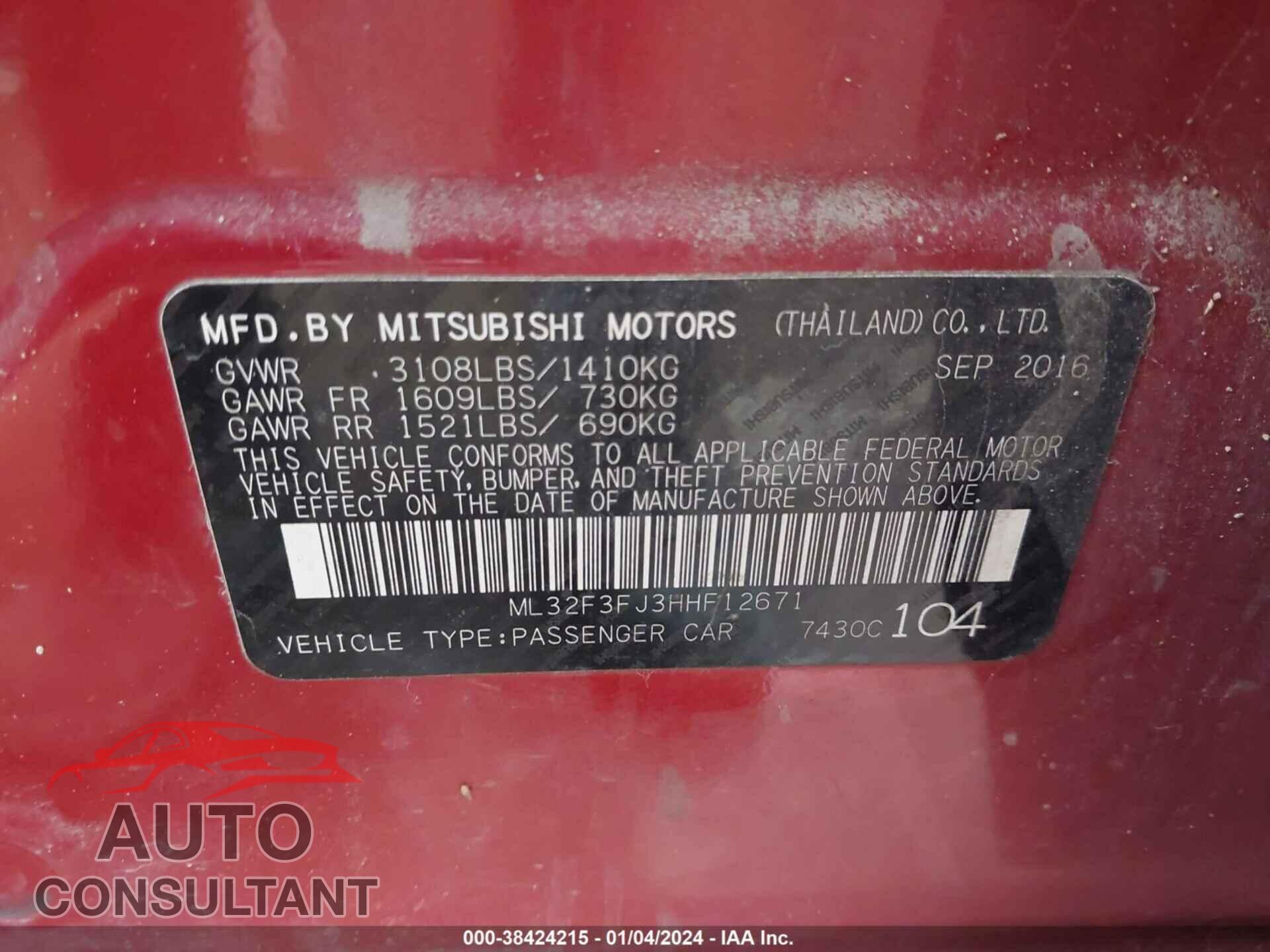MITSUBISHI MIRAGE 2017 - ML32F3FJ3HHF12671