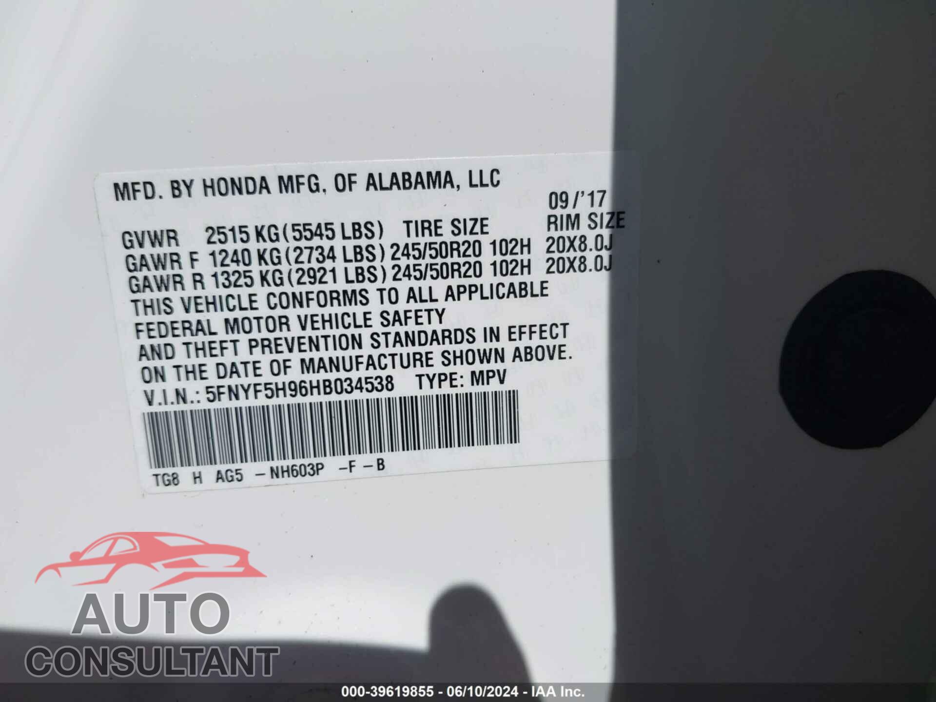 HONDA PILOT 2017 - 5FNYF5H96HB034538