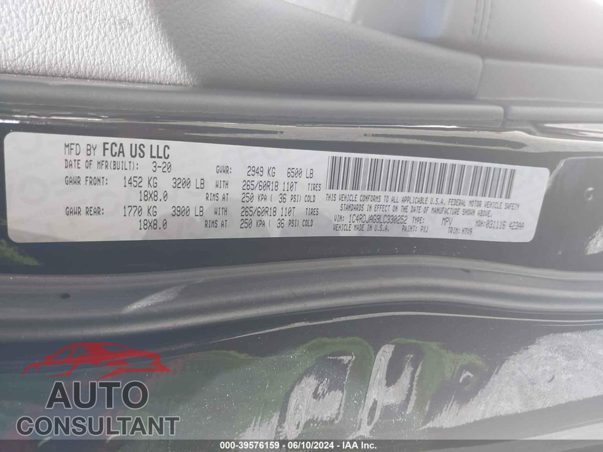 DODGE DURANGO 2020 - 1C4RDJAG9LC330252
