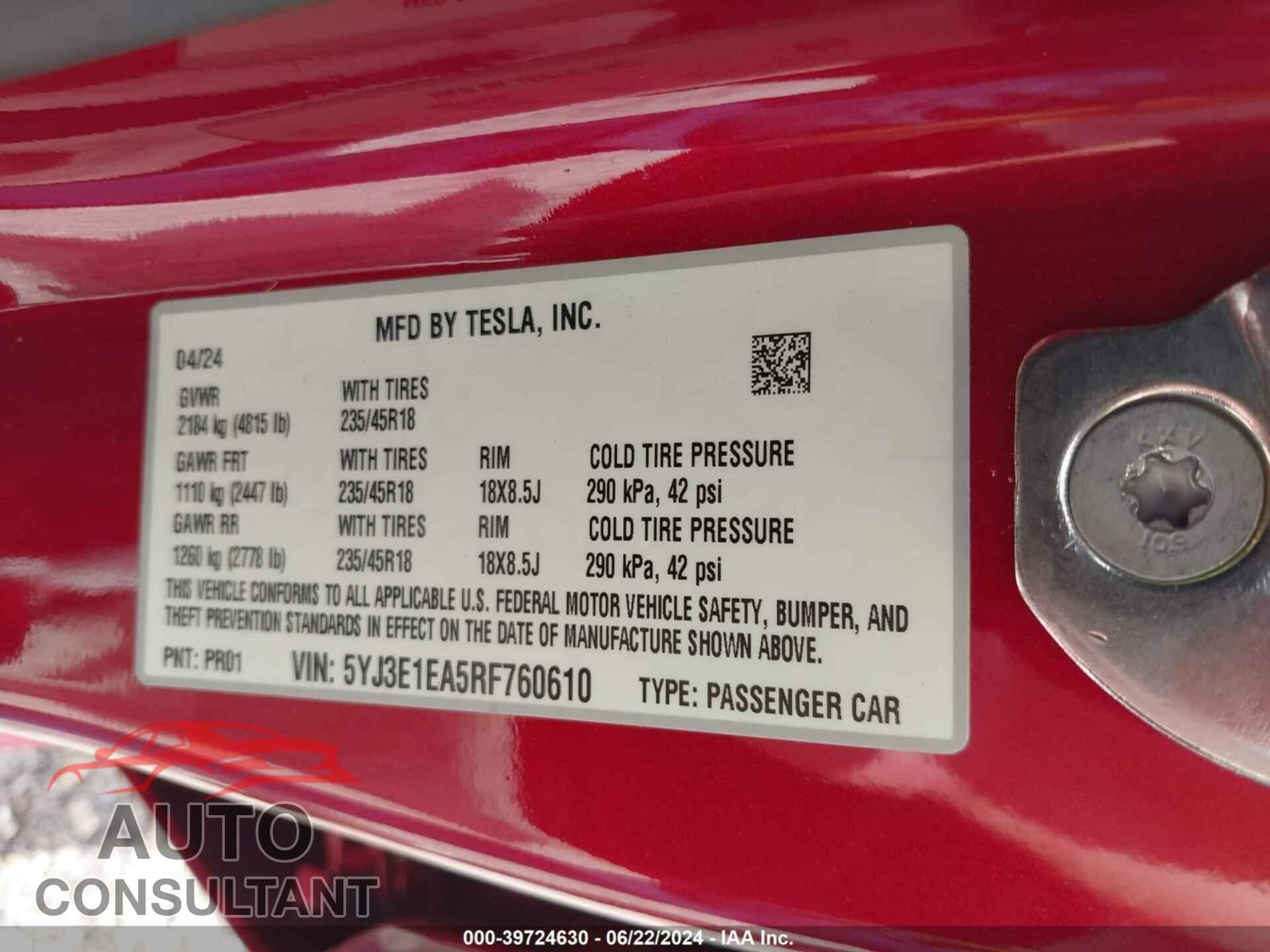 TESLA MODEL 3 2024 - 5YJ3E1EA5RF760610