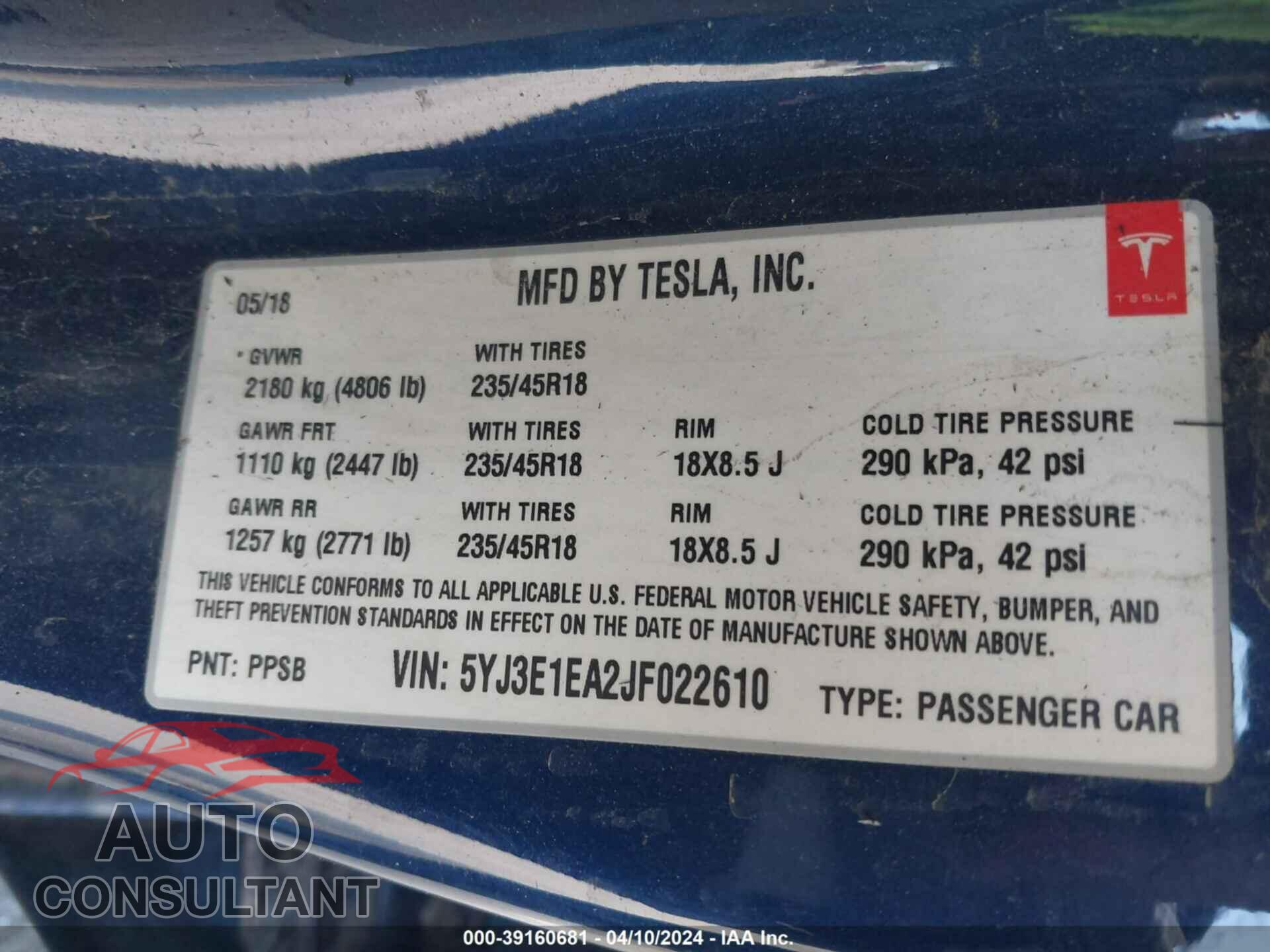 TESLA MODEL 3 2018 - 5YJ3E1EA2JF022610