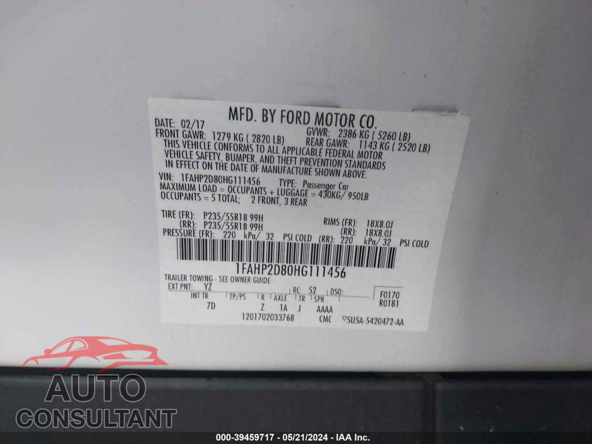 FORD TAURUS 2017 - 1FAHP2D80HG111456