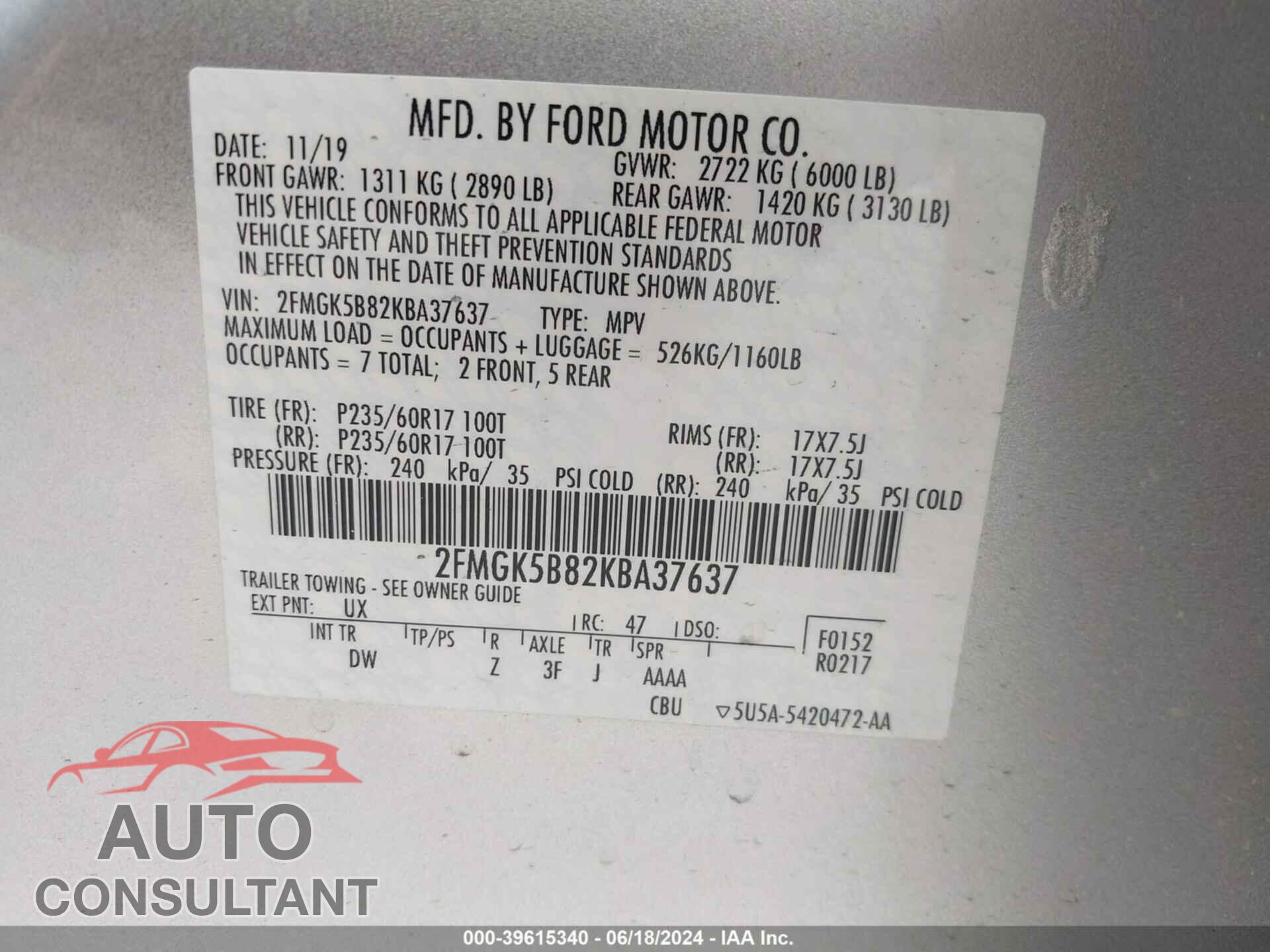 FORD FLEX 2019 - 2FMGK5B82KBA37637