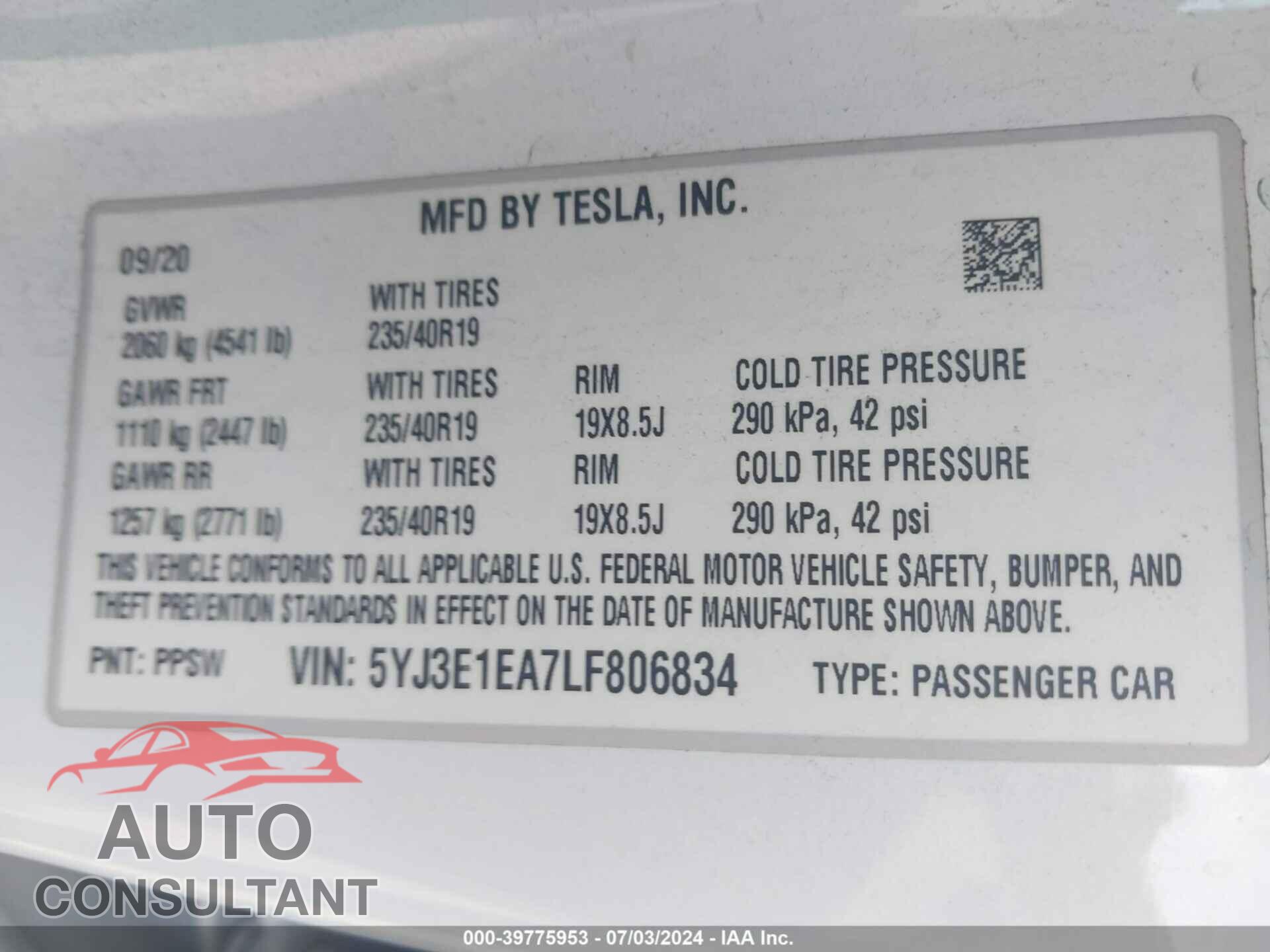 TESLA MODEL 3 2020 - 5YJ3E1EA7LF806834