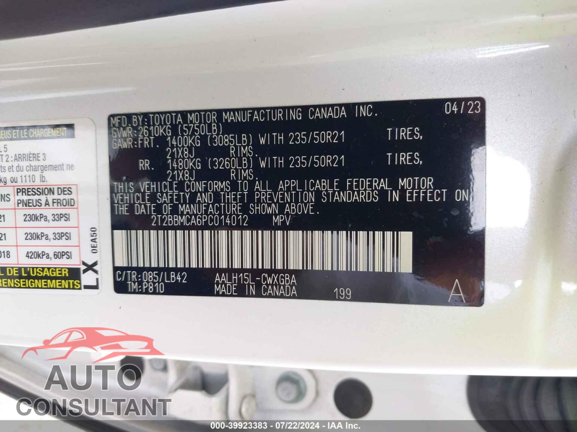 LEXUS RX 350H 2023 - 2T2BBMCA6PC014012