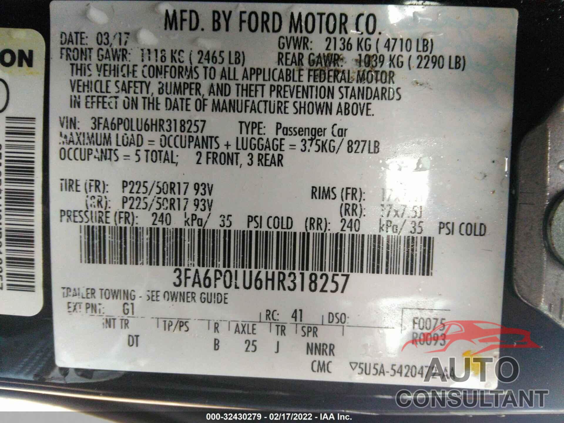 FORD FUSION 2017 - 3FA6P0LU6HR318257