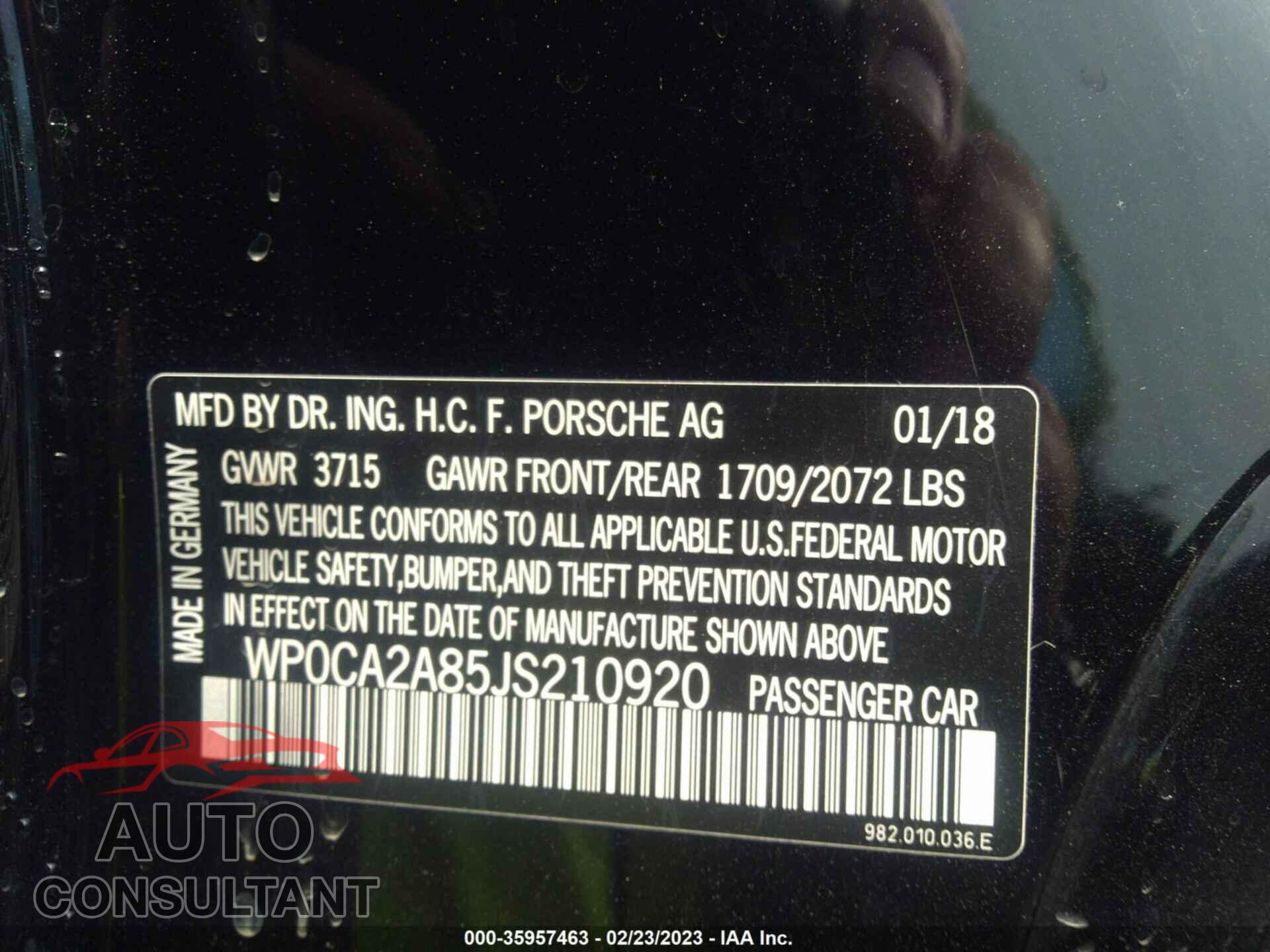 PORSCHE 718 BOXSTER 2018 - WP0CA2A85JS210920