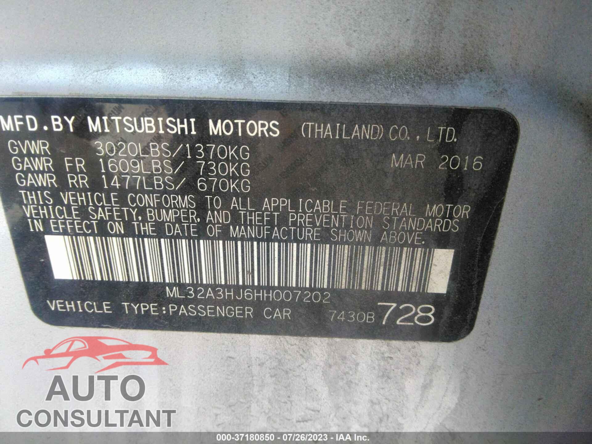 MITSUBISHI MIRAGE 2017 - ML32A3HJ6HH007202