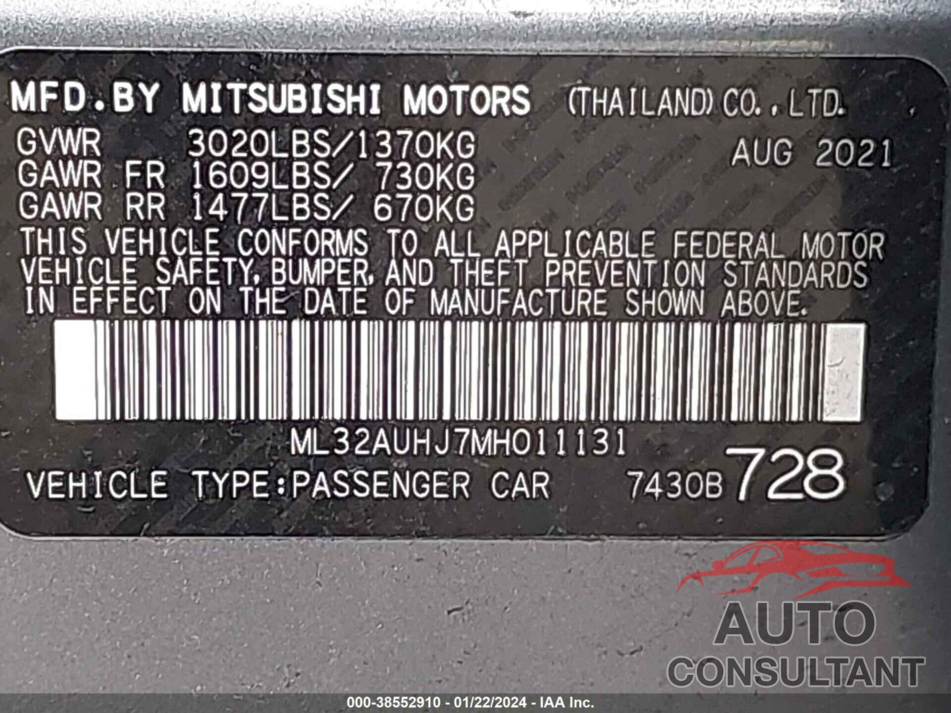 MITSUBISHI MIRAGE 2021 - ML32AUHJ7MH011131