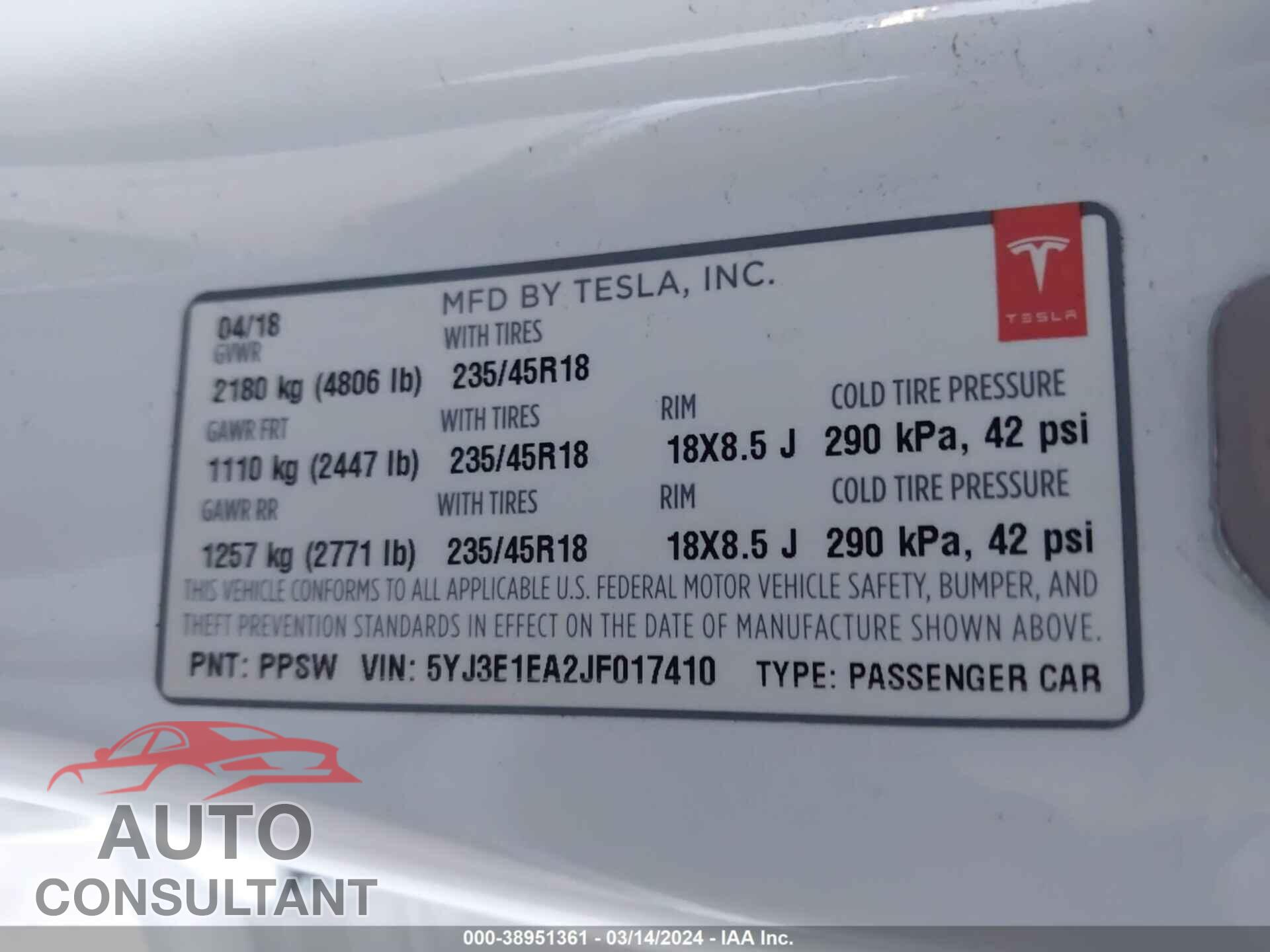 TESLA MODEL 3 2018 - 5YJ3E1EA2JF017410
