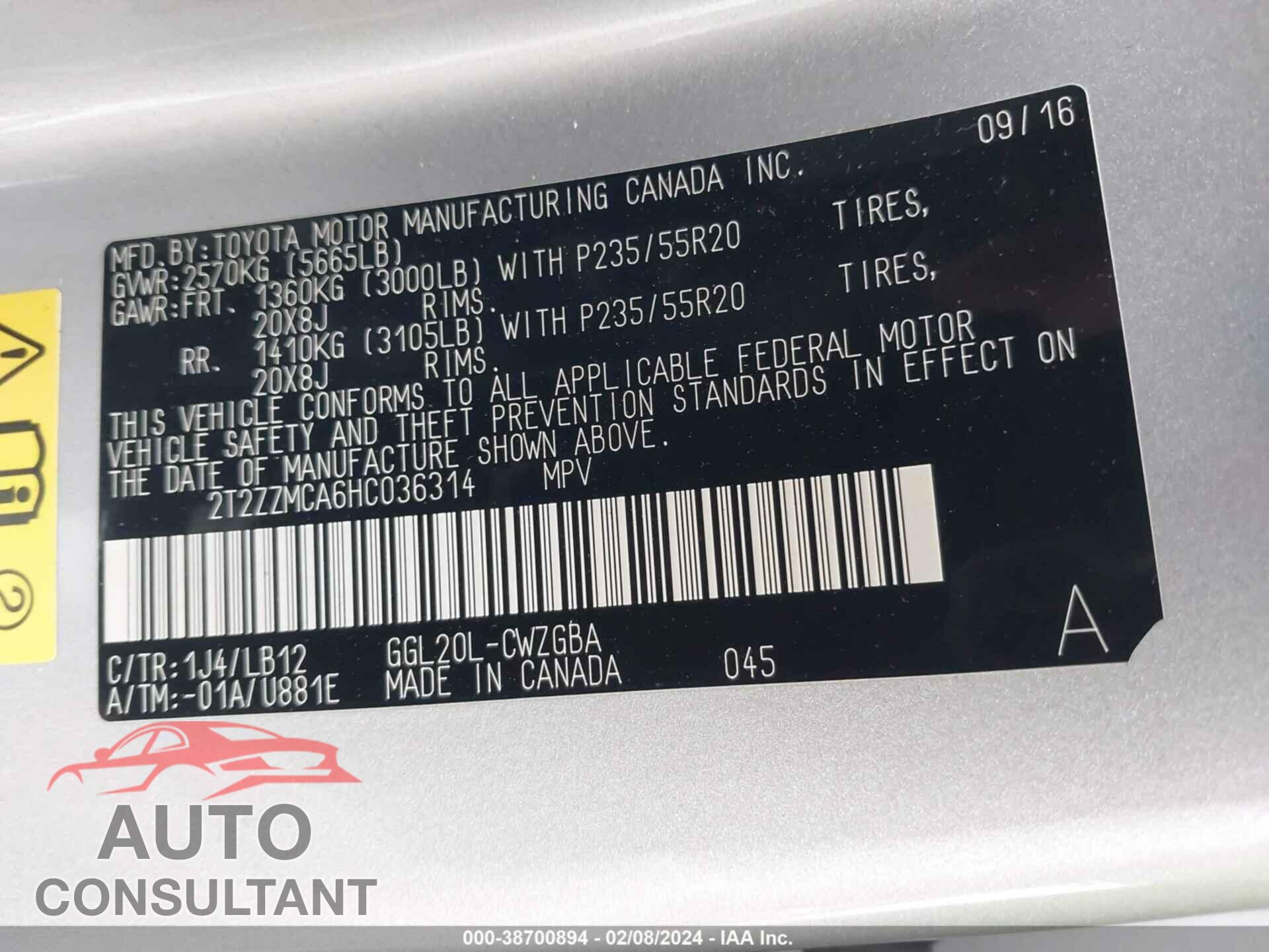 LEXUS RX 350 2017 - 2T2ZZMCA6HC036314