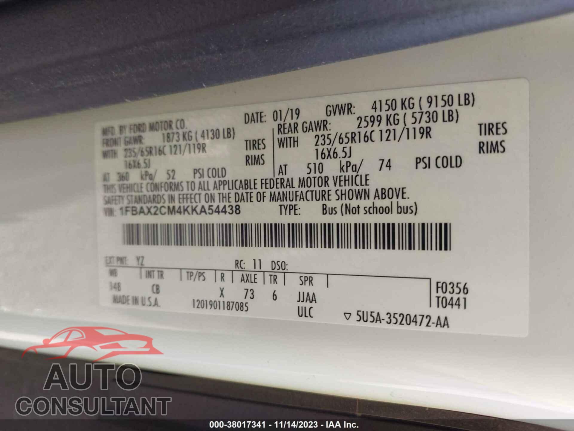 FORD TRANSIT 2019 - 1FBAX2CM4KKA54438