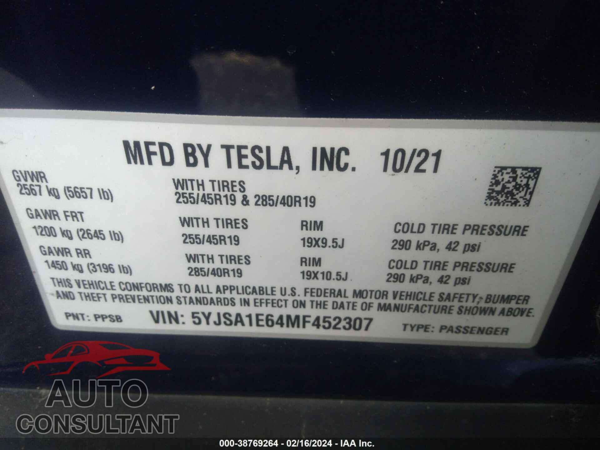 TESLA MODEL S 2021 - 5YJSA1E64MF452307