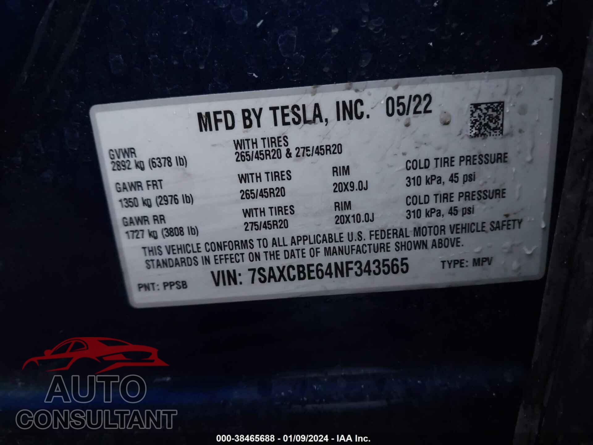 TESLA MODEL X 2022 - 7SAXCBE64NF343565
