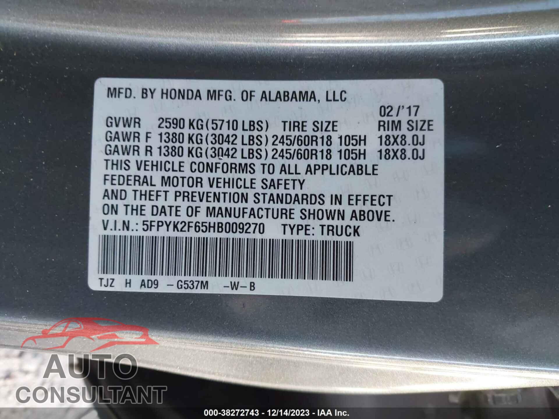 HONDA RIDGELINE 2017 - 5FPYK2F65HB009270