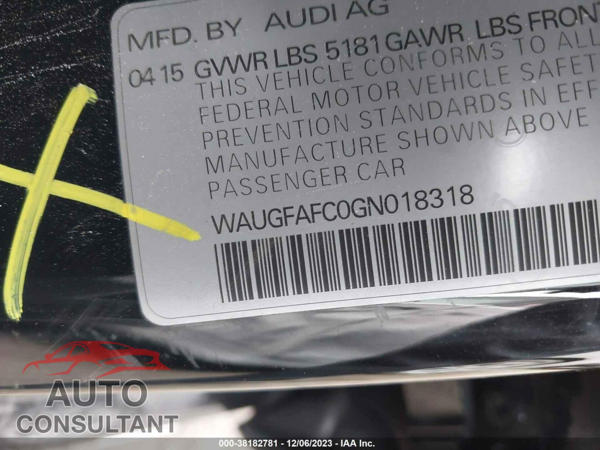 AUDI A6 2016 - WAUGFAFC0GN018318