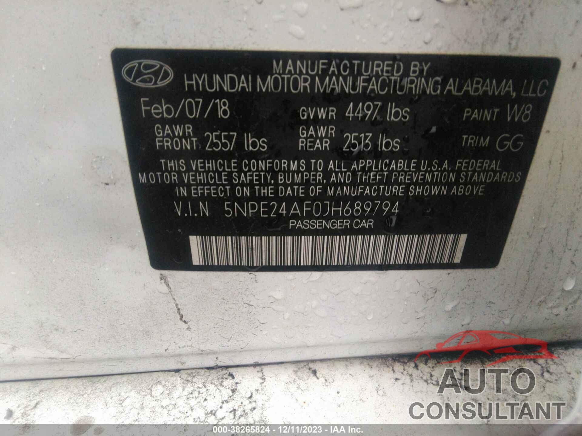 HYUNDAI SONATA 2018 - 5NPE24AF0JH689794