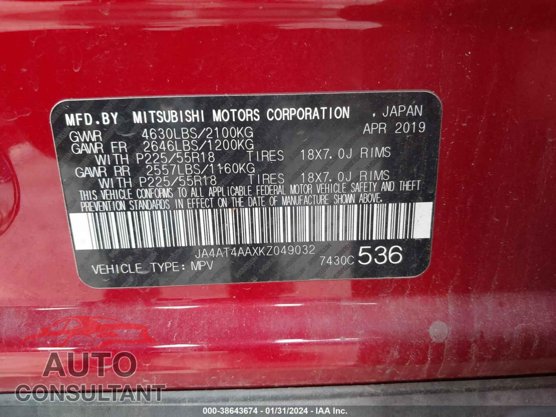 MITSUBISHI ECLIPSE CROSS 2019 - JA4AT4AAXKZ049032