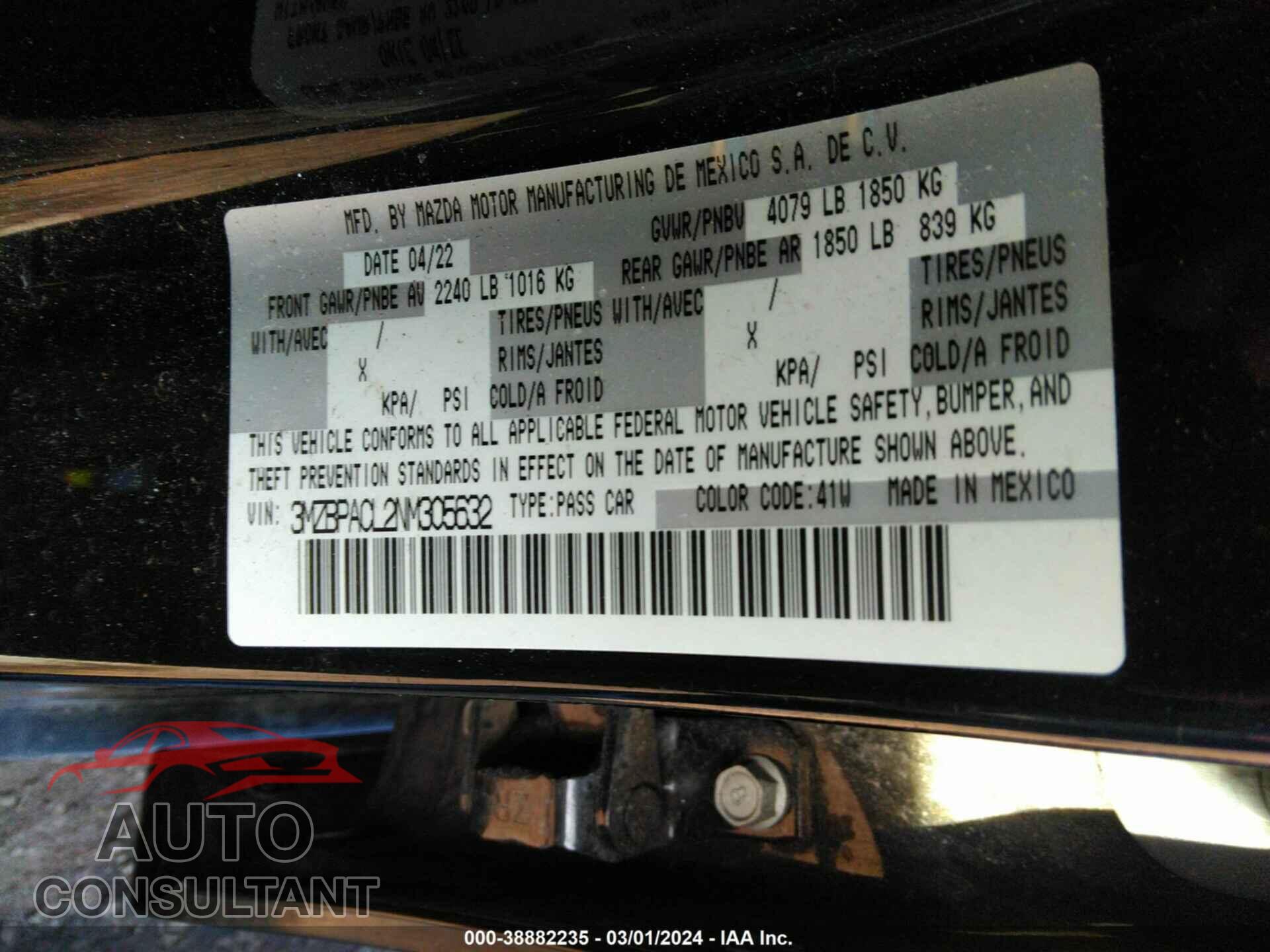 MAZDA MAZDA3 2022 - 3MZBPACL2NM305632